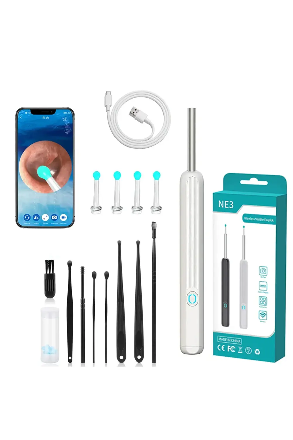 Kablosuz Hd Kameralı Kulak Temizleme Seti 360° açı 1296P Wifi Bağ