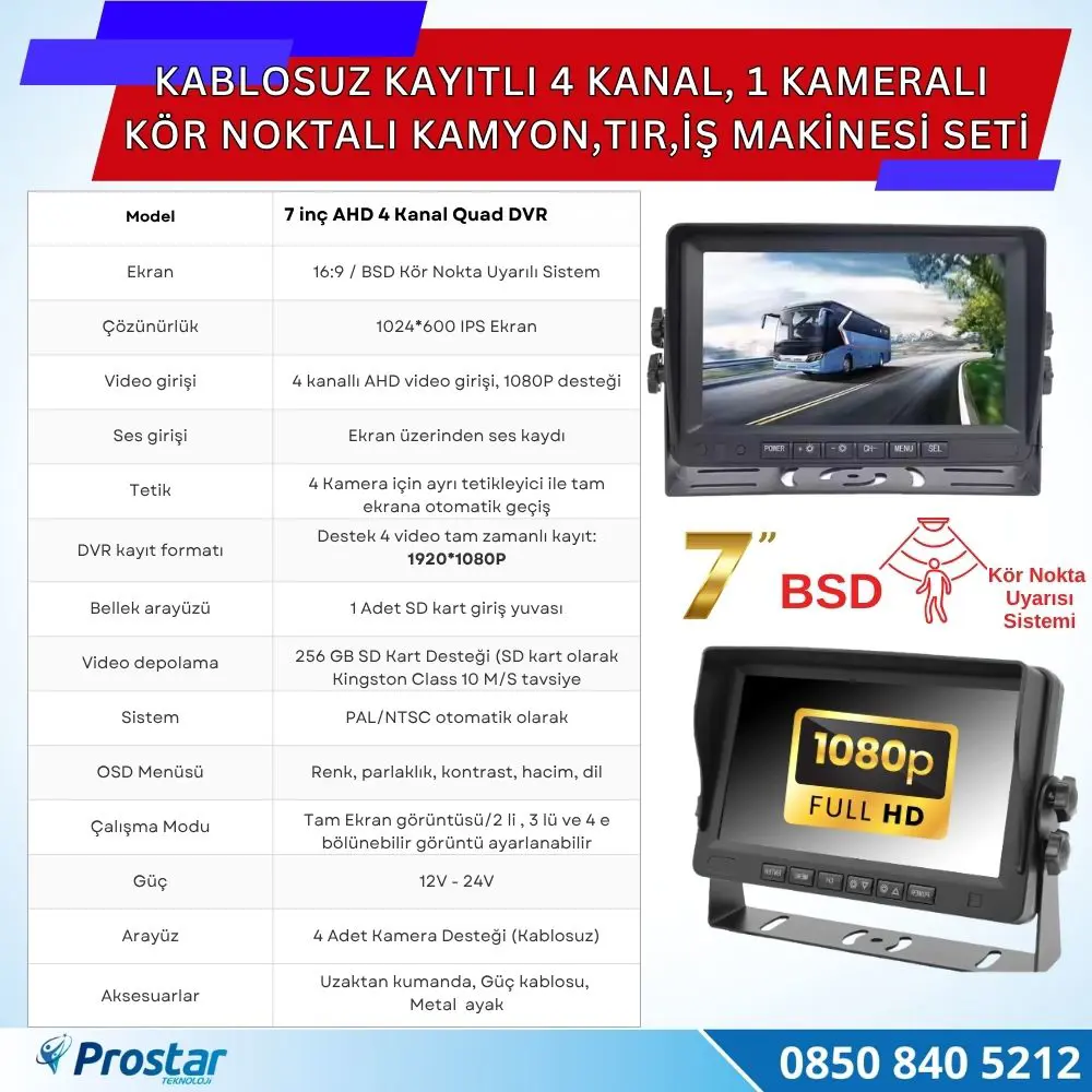 Kablosuz Kameralı 7 inç Kayıtlı Monitör Full HD BSD Kör Nokta Uya