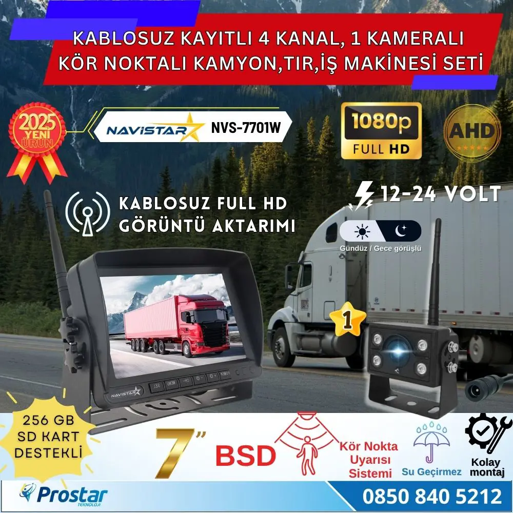 Kablosuz Kameralı 7 inç Kayıtlı Monitör Full HD BSD Kör Nokta Uya