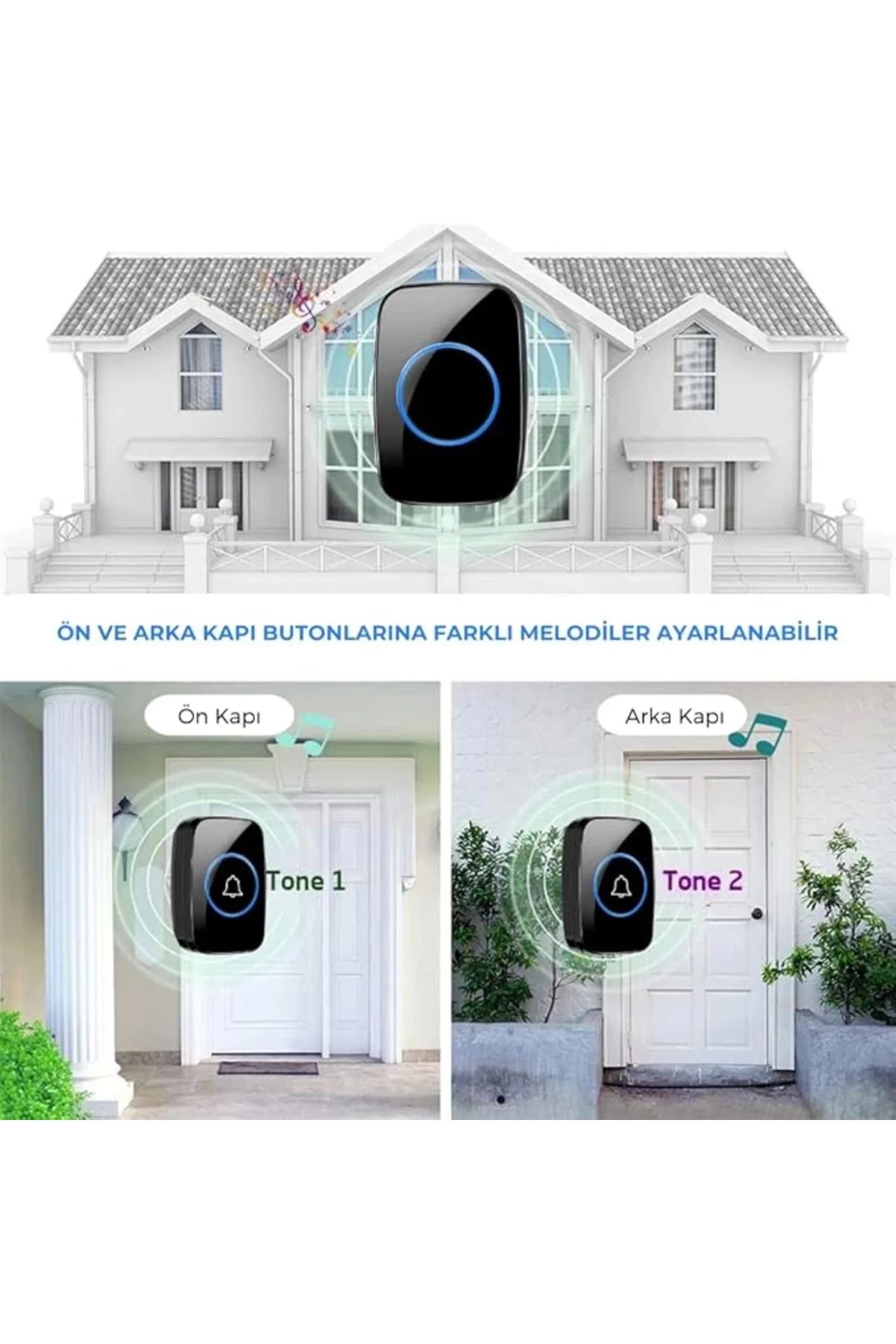 Kablosuz Kapı Zili 2 Buton 1 Alıcı Led Işıklı 300 Metre Mesafe 60