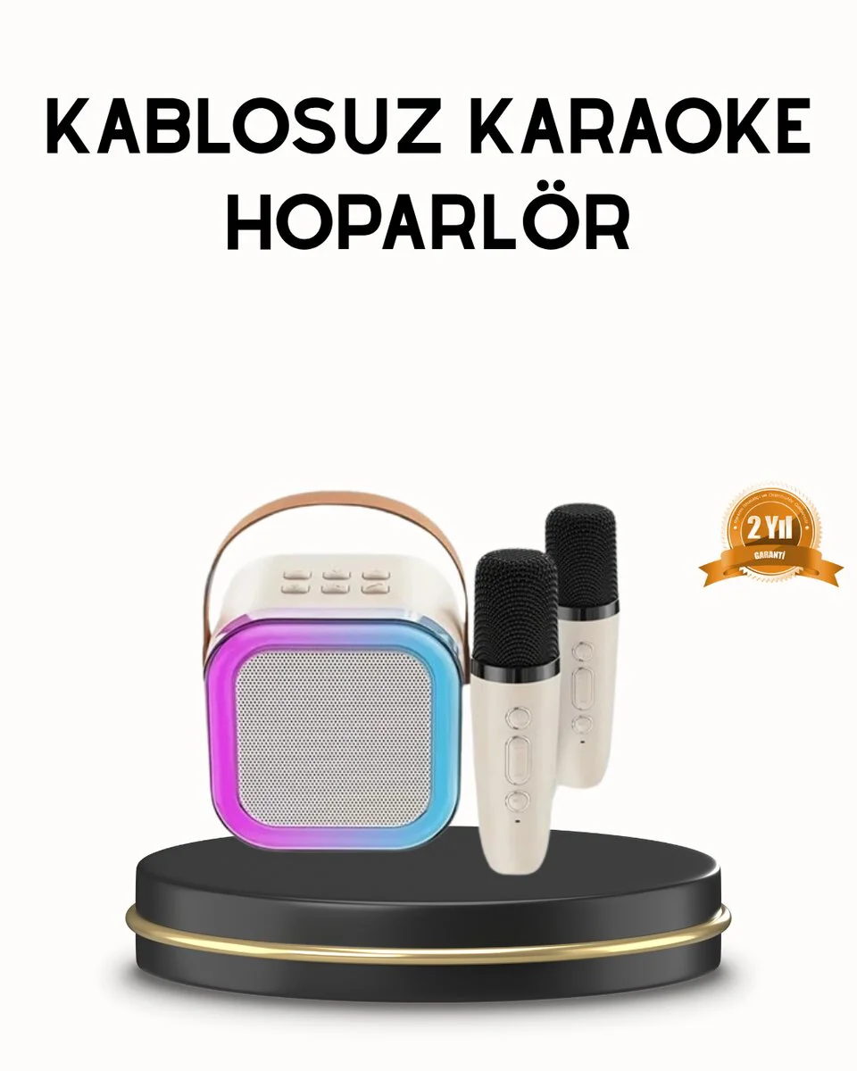 Kablosuz Karaoke Hoparlörü - Renkli LED Işıklı, Type-C Şarjlı ve 2 Mikrofonlu