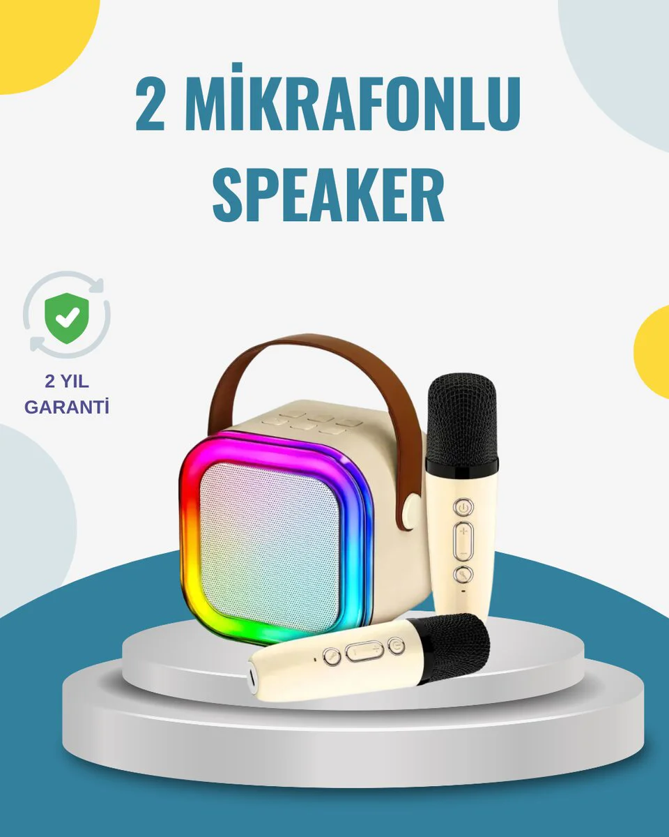 Kablosuz Karaoke Hoparlör – Çift Mikrofon ve LED Işıklı | Bluetooth 5.0, 6-10 Saat Çalma