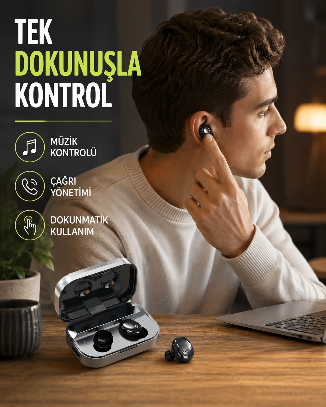 Kablosuz Kulak İçi Bluetooth Kulaklık – Dokunmatik Kontrol ve LED Şarj Ekranı