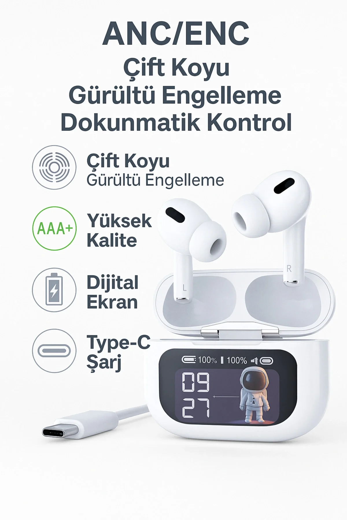 Kablosuz Kulak İçi Kulaklık, Aktif Gürültü Önleme ve Dokunmatik Kontrol Özellikli