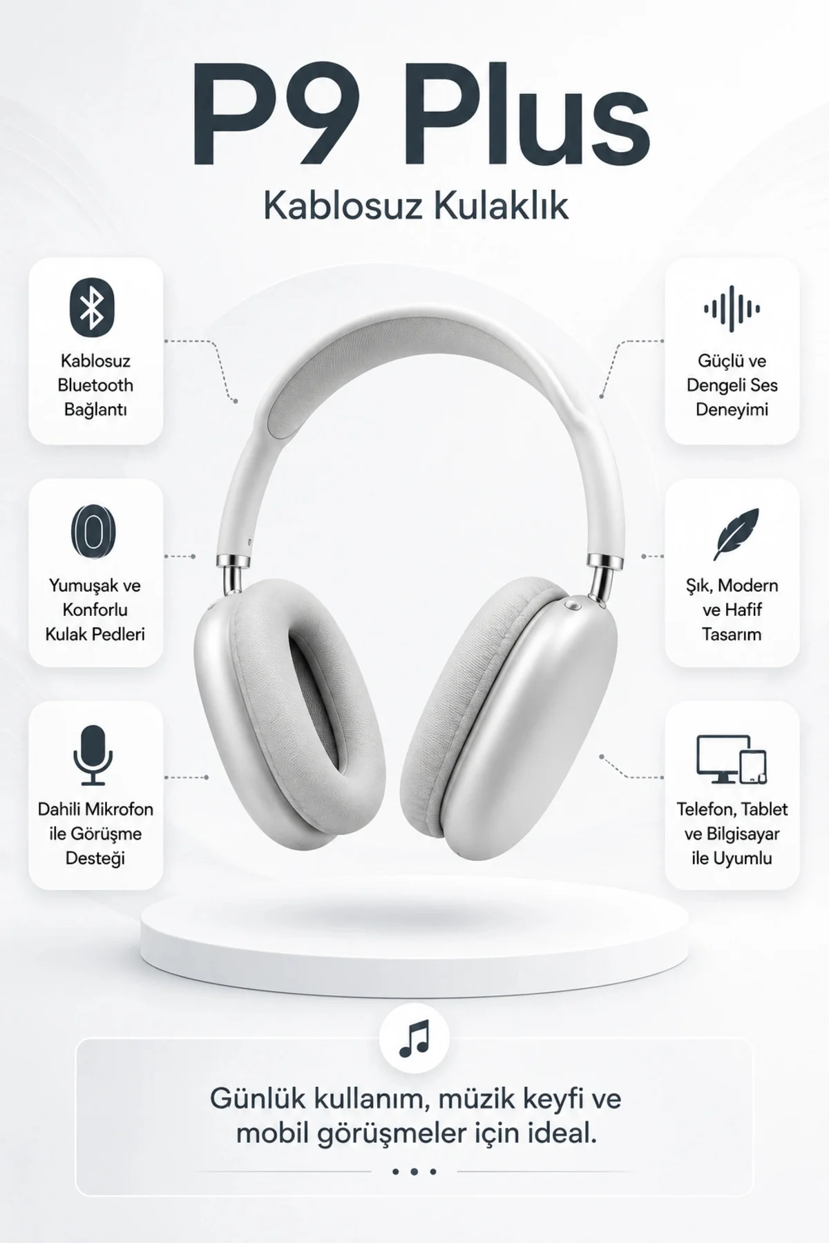 Kablosuz Kulak Üstü Bluetooth Kulaklık Katlanabilir Tasarım Uzun 