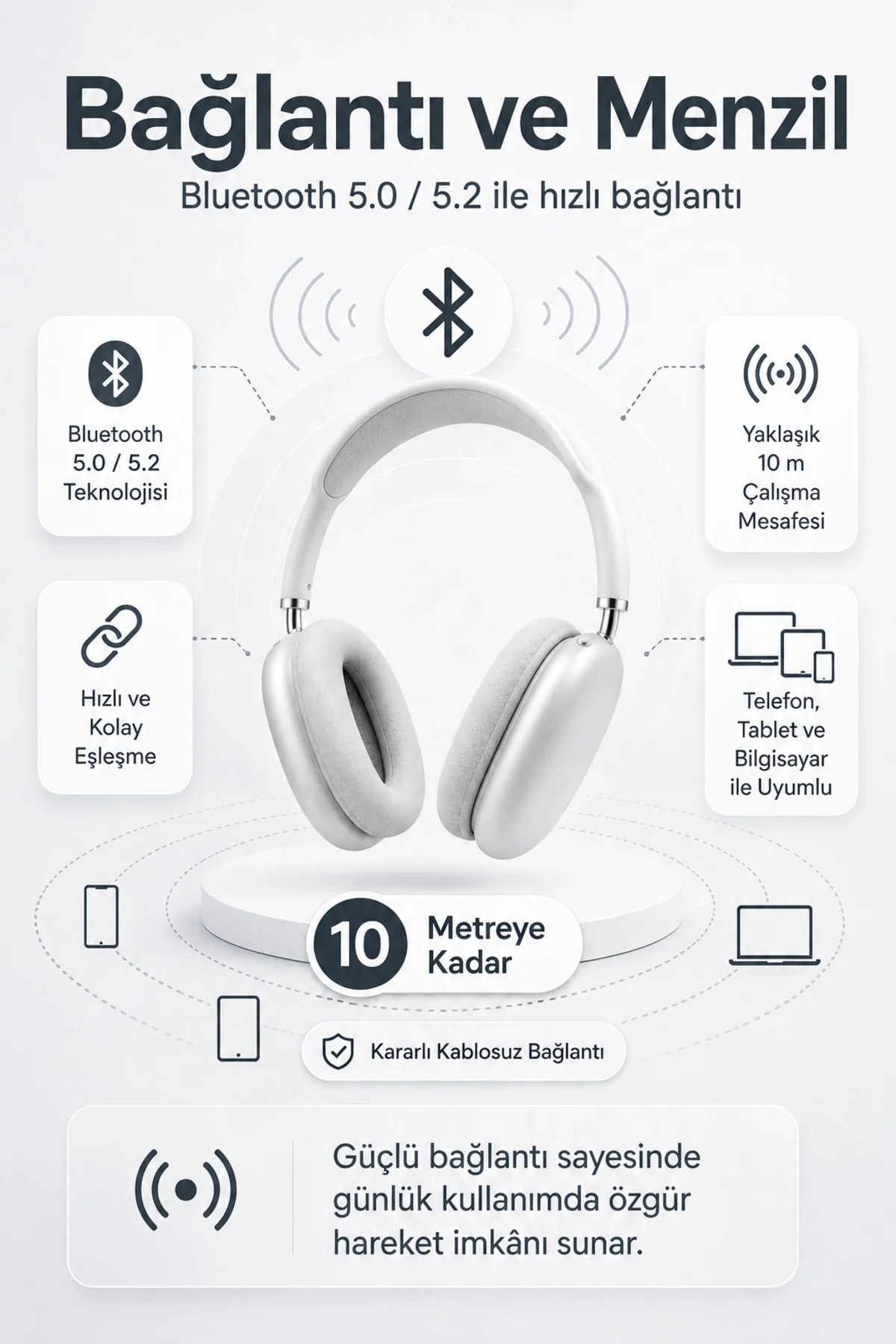 Kablosuz Kulak Üstü Bluetooth Kulaklık Katlanabilir Tasarım Uzun 