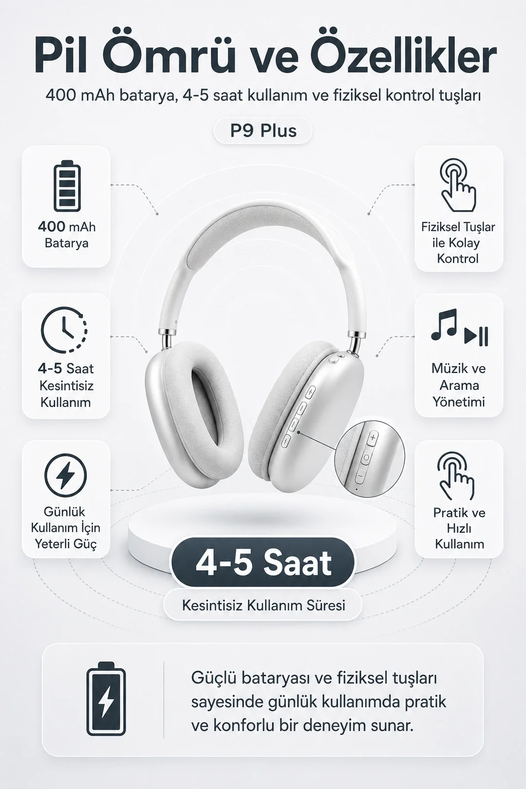 Kablosuz Kulak Üstü Bluetooth Kulaklık Katlanabilir Tasarım Uzun Süreli Kullanım