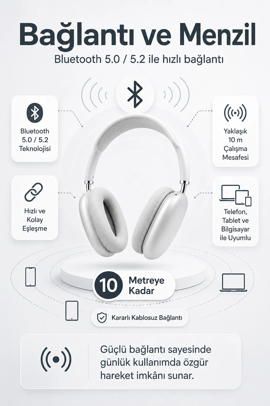 Kablosuz Kulak Üstü Bluetooth Kulaklık Katlanabilir Tasarım Uzun Süreli Kullanım