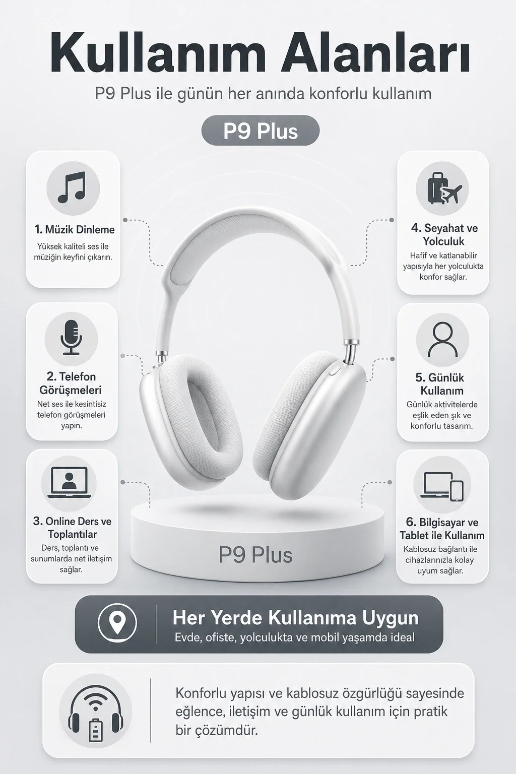 Kablosuz Kulak Üstü Bluetooth Kulaklık Katlanabilir Tasarım Uzun Süreli Kullanım
