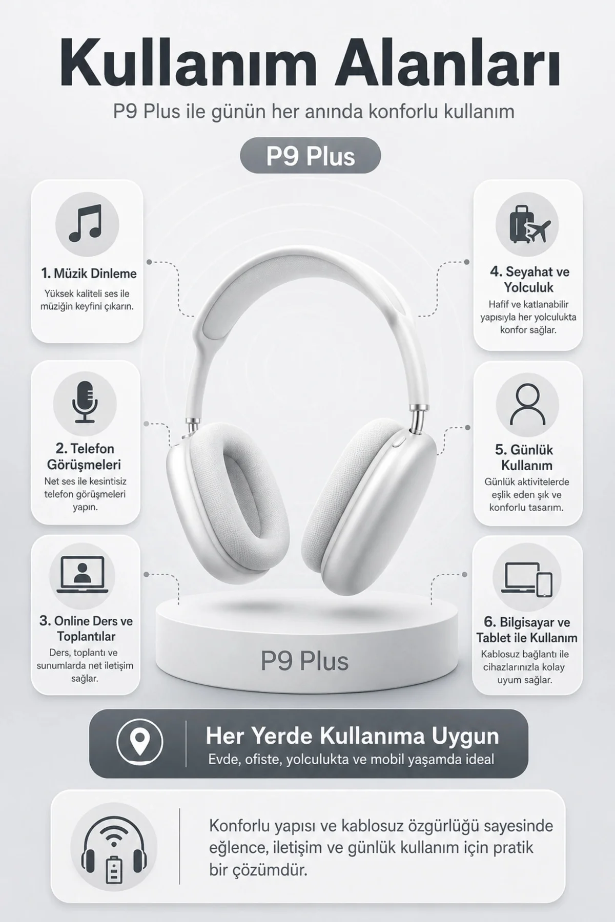 Kablosuz Kulak Üstü Bluetooth Kulaklık Katlanabilir Tasarım Uzun 