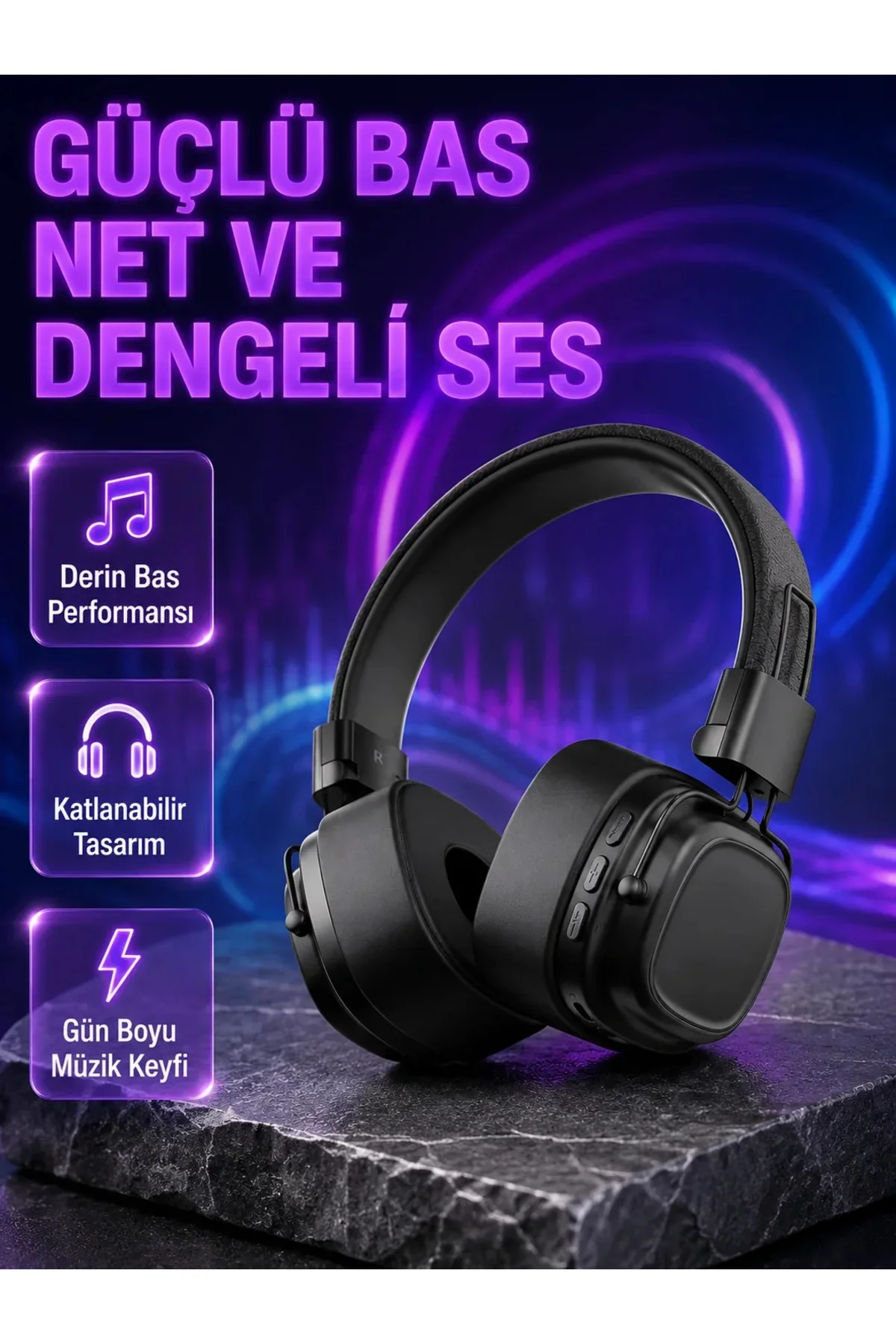 Kablosuz Kulak Üstü Bluetooth Kulaklık Güçlü Bas ve Katlanabilir Tasarım Kablosuz Kulak Üstü Bluetooth Kulaklık Güçlü Bas ve Katlanabilir Tasarım