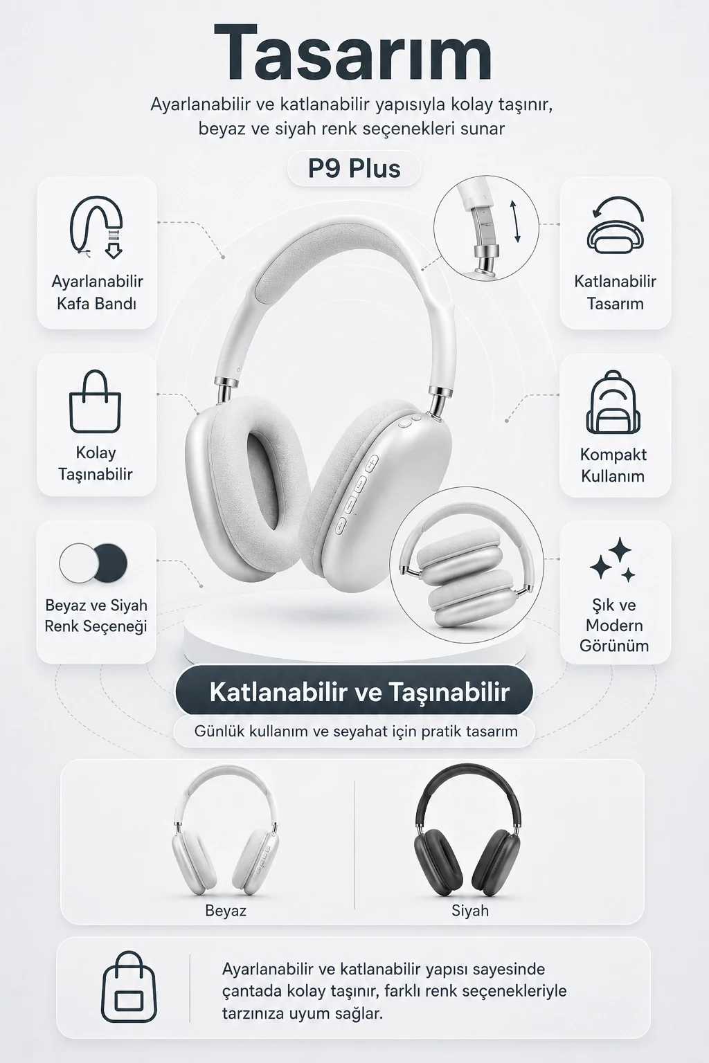 Kablosuz Kulak Üstü Bluetooth Kulaklık Katlanabilir Tasarım Uzun Süreli Kullanım