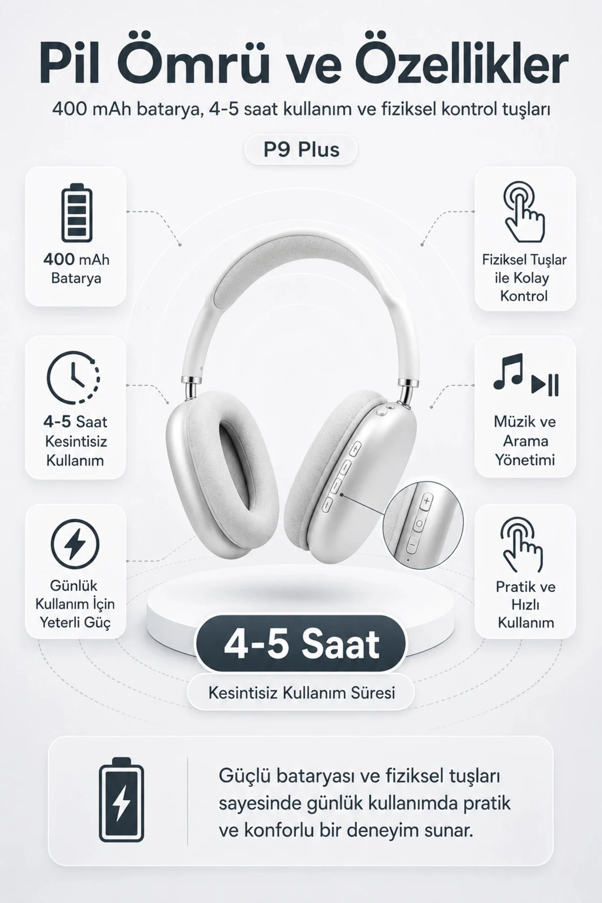 Kablosuz Kulak Üstü Bluetooth Kulaklık Katlanabilir Tasarım Uzun 