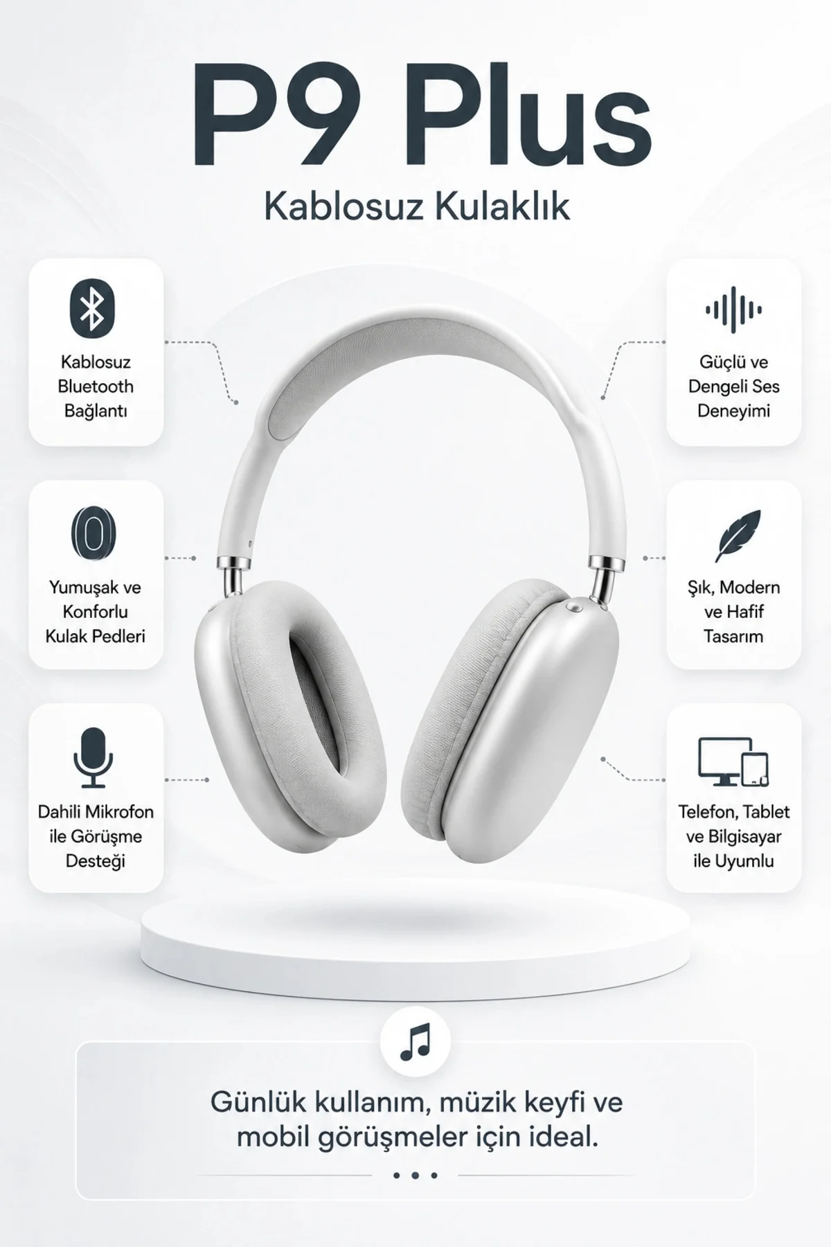 Kablosuz Kulak Üstü Bluetooth Kulaklık Katlanabilir Tasarım Uzun 