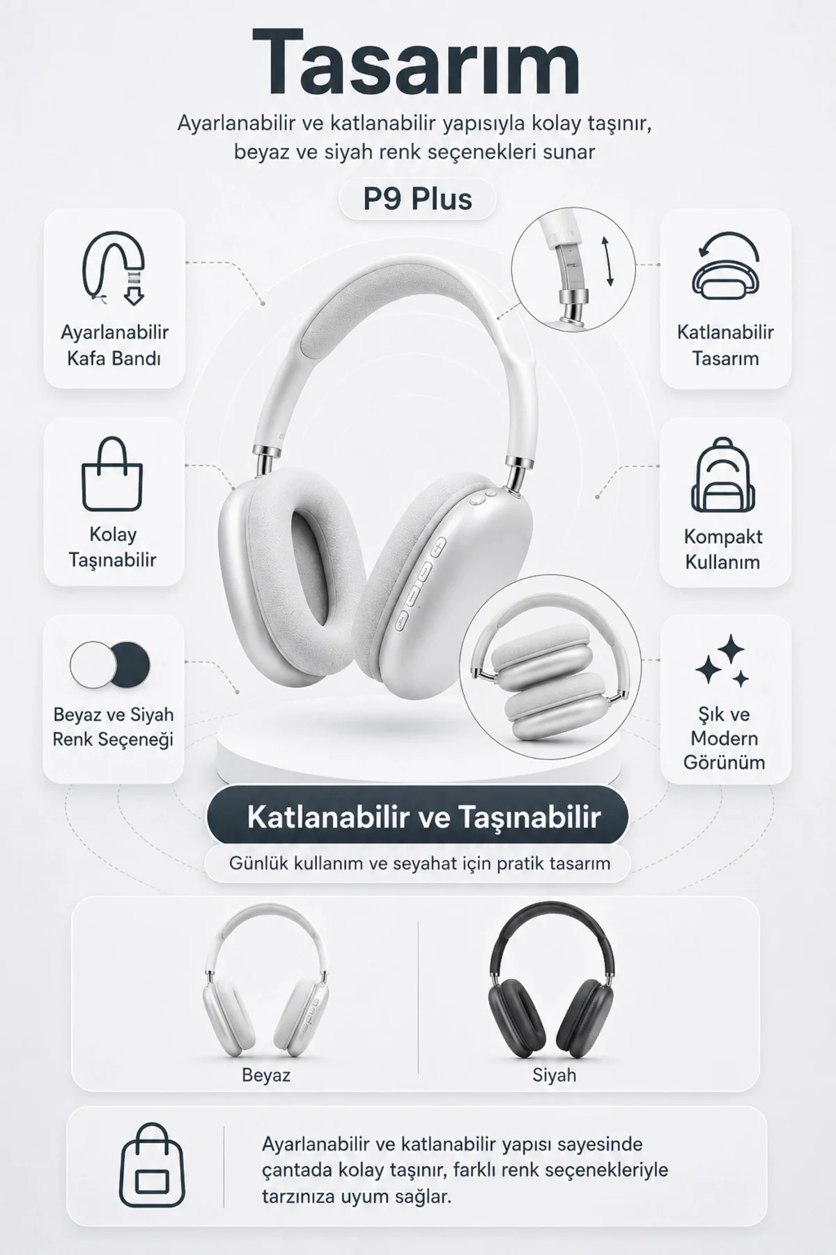 Kablosuz Kulak Üstü Bluetooth Kulaklık Katlanabilir Tasarım Uzun 