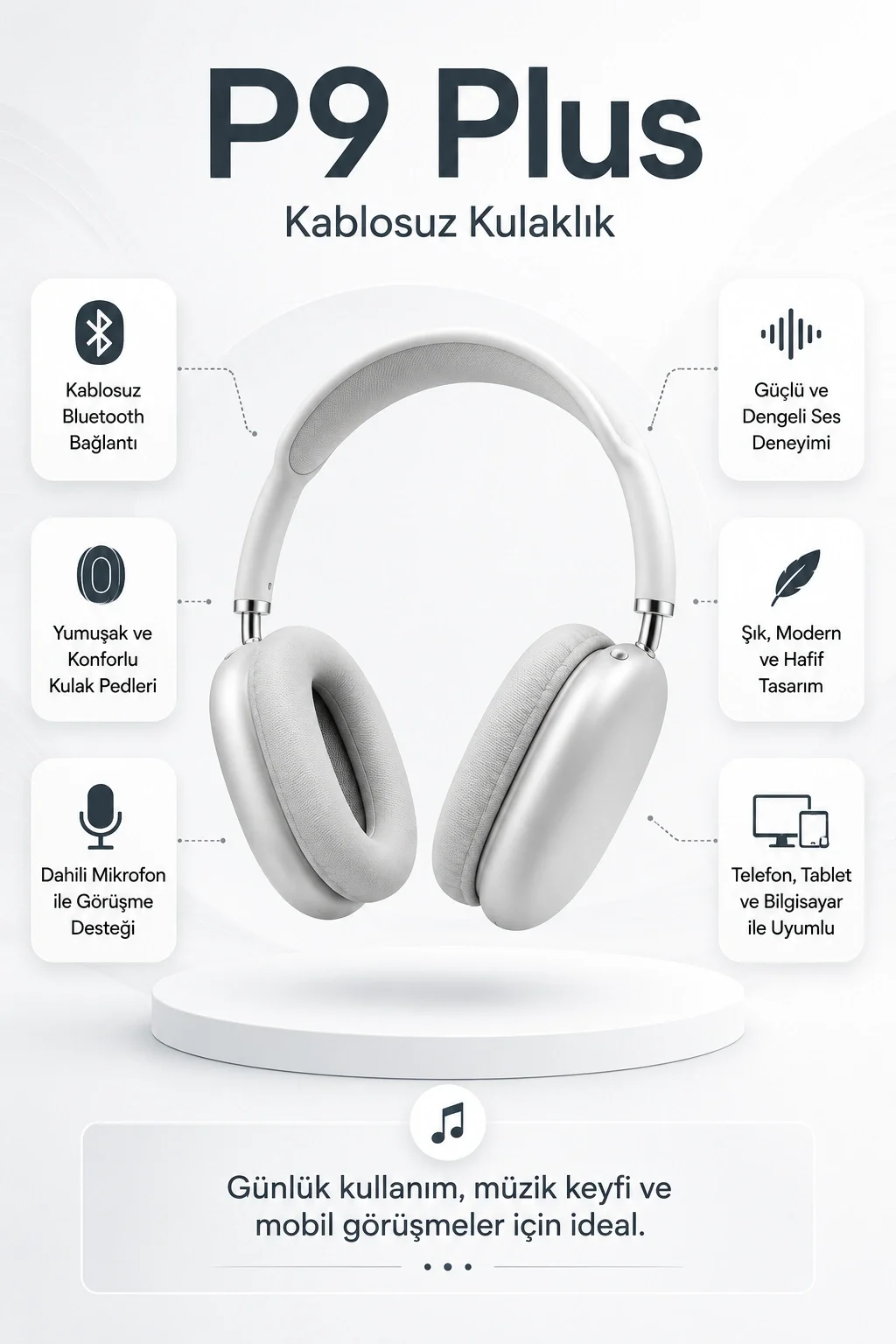 Kablosuz Kulak Üstü Bluetooth Kulaklık Katlanabilir Tasarım Uzun Süreli Kullanım