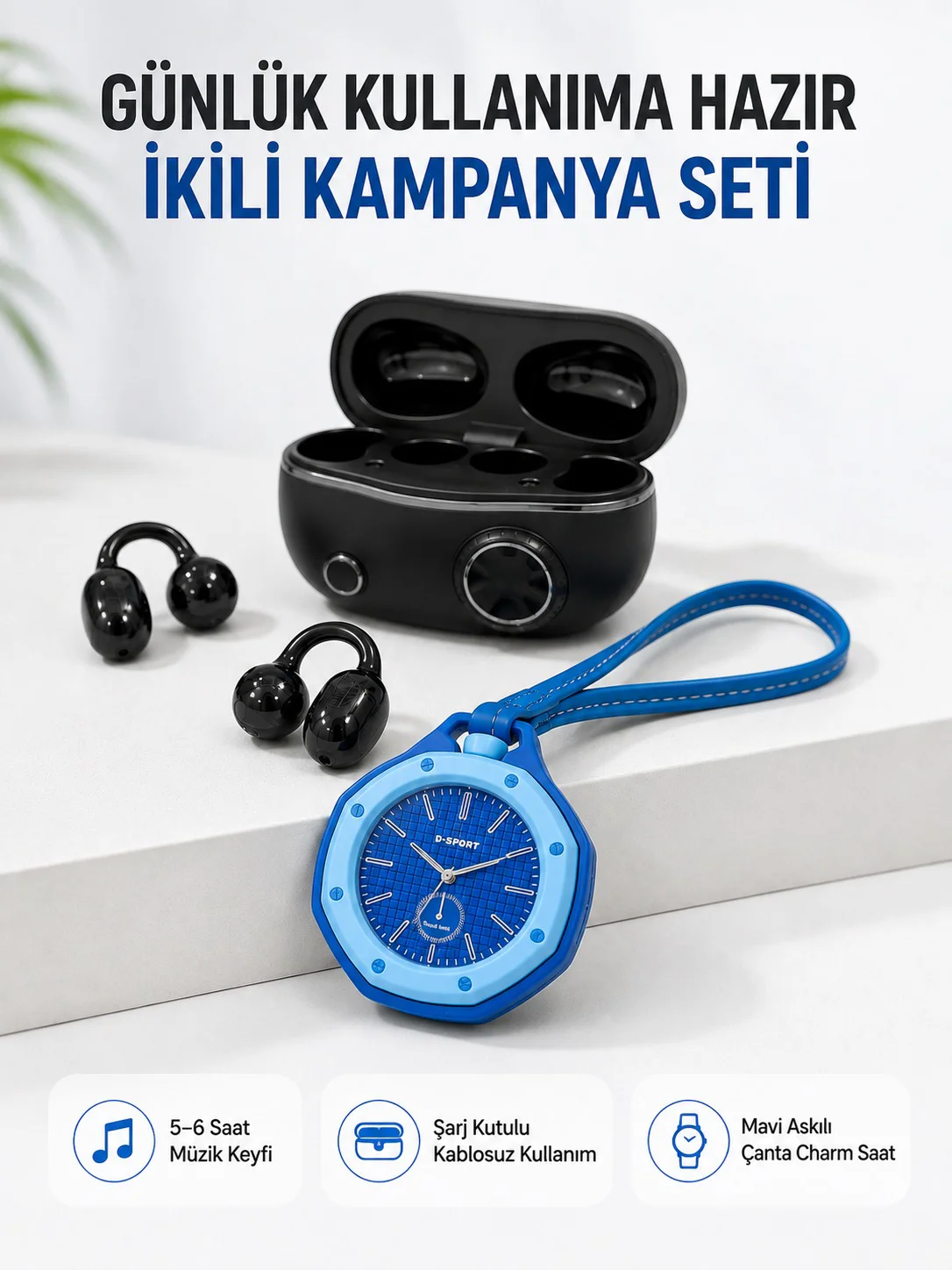 Kablosuz Kulaklık Mavi Çanta Aksesuar Saati Kampanyalı Müzik ve Günlük Kullanım Seti Fiyatı, Yorumları ve Özellikleri