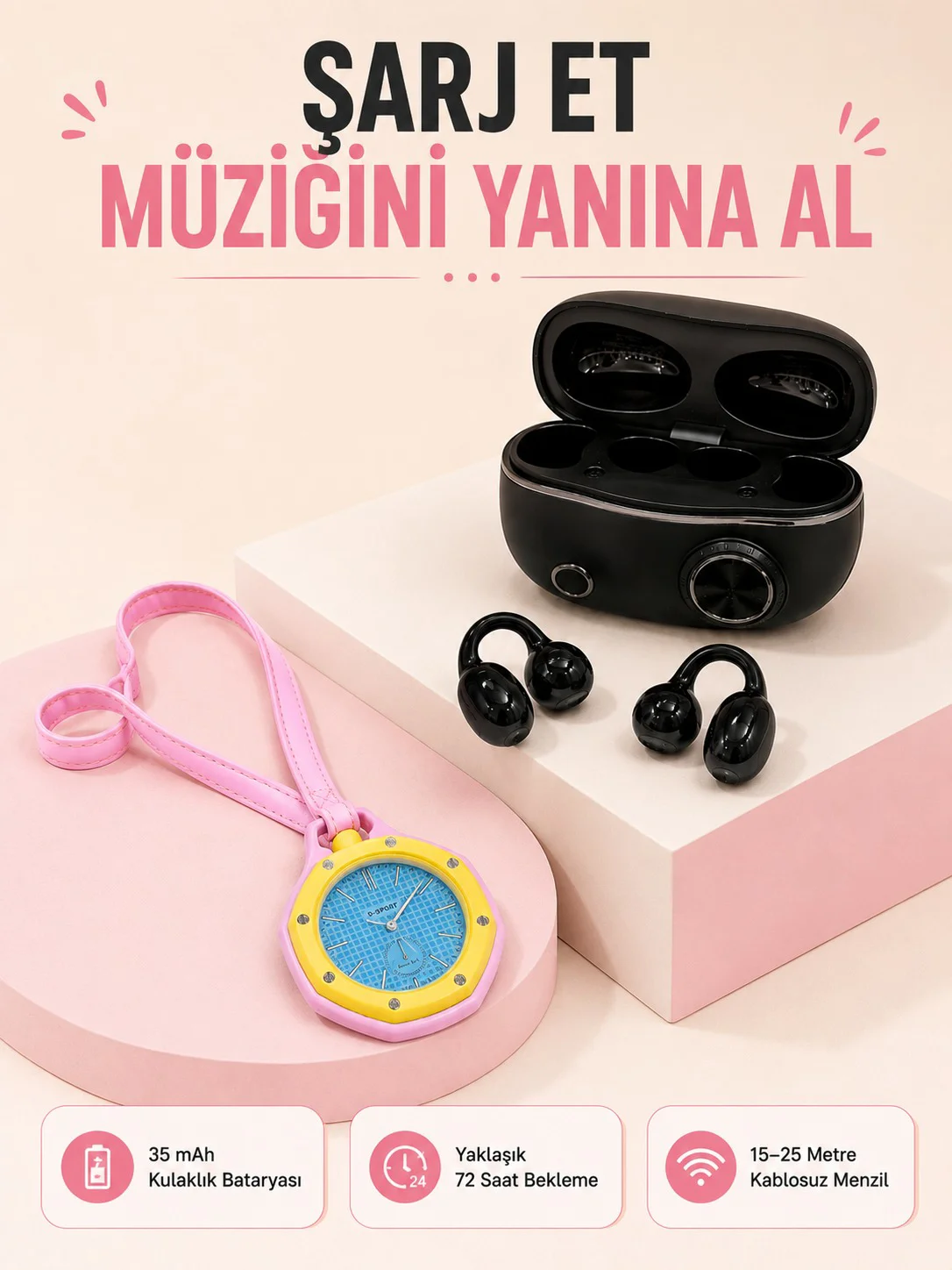 Kablosuz Kulaklık Seti ve Pembe Askılı Analog Charm Saat Günlük Kullanım Kampanyası Fiyatı, Yorumları ve Özellikleri