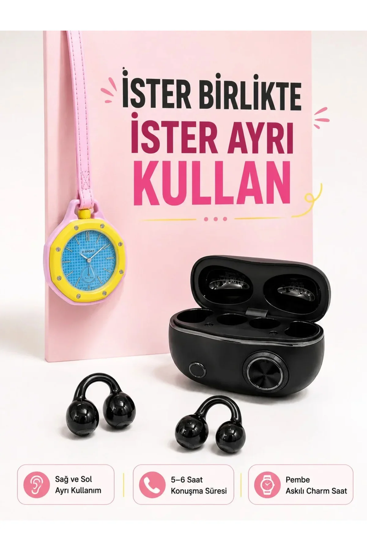 Kablosuz Kulaklık ve Pembe Askılı Çanta Charm og Saat Seti