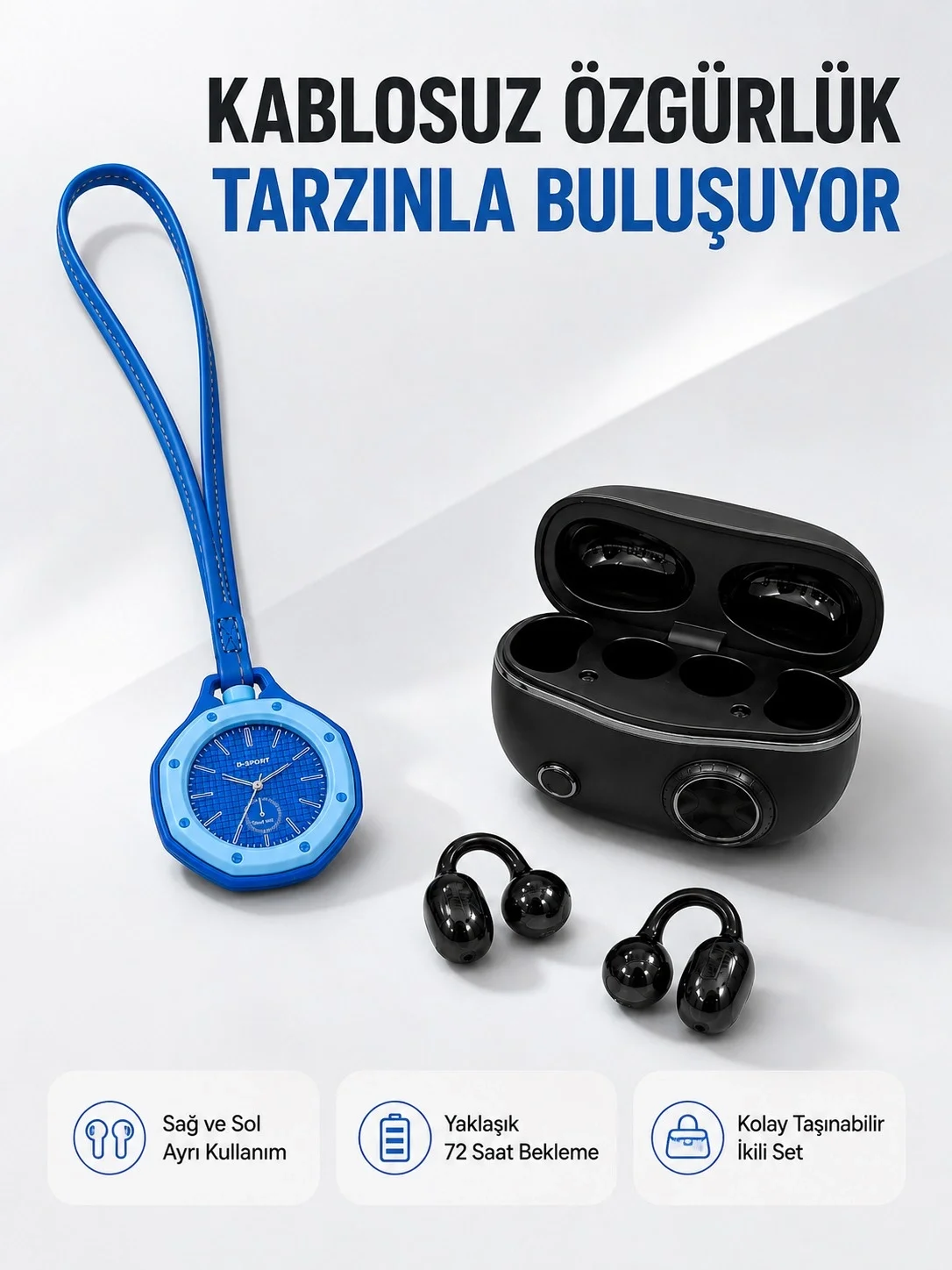 Kablosuz Kulaklık ve Mavi Çanta Charm Saat Kampanya Seti Taşınabilir Günlük Kullanım Kablosuz Kulaklık ve Mavi Çanta Charm Saat Kampanya Seti Taşınabilir Günlük Kullanım