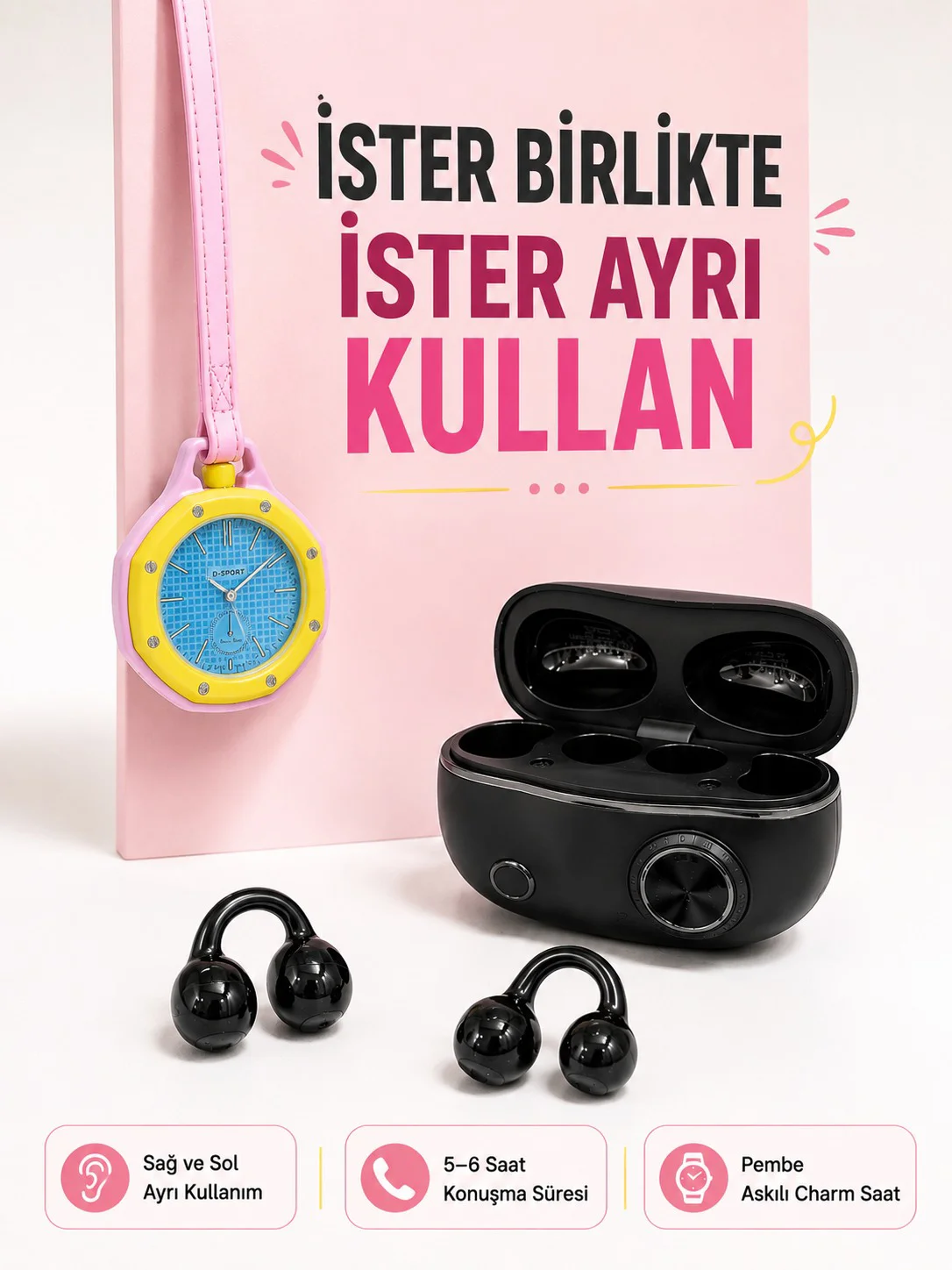 Kablosuz Kulaklık ve Pembe Askılı Çanta Charm Analog Saat Kampanya Seti Fiyatı, Yorumları ve Özellikleri