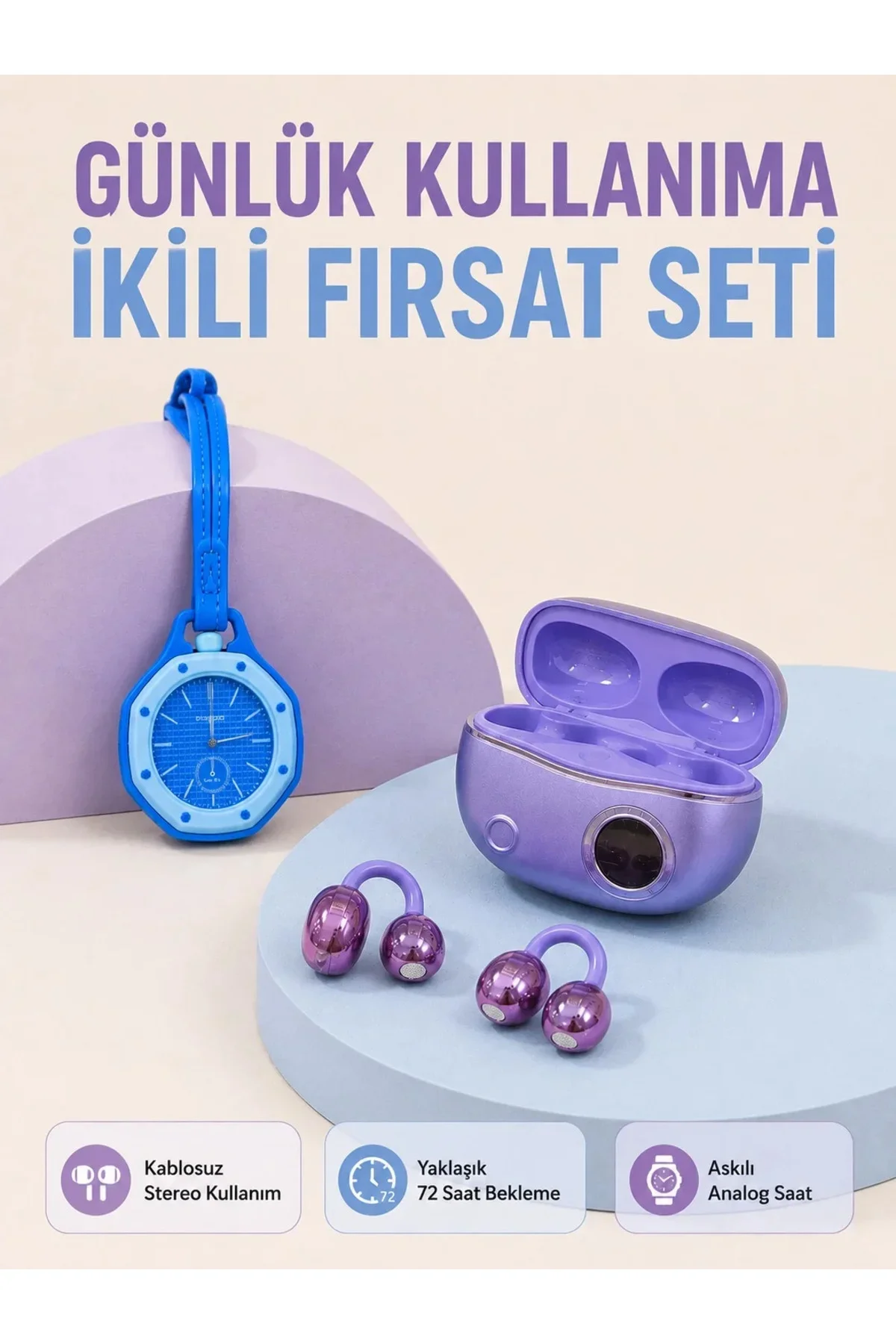 Kablosuz Kulaklık ve Mavi Çanta Charm Saat İkili Set Taşınabilir Günlük Kullanım Kablosuz Kulaklık ve Mavi Çanta Charm Saat İkili Set Taşınabilir Günlük Kullanım