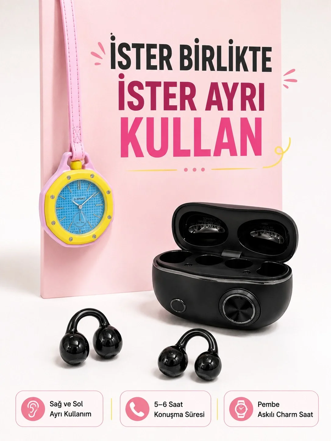 Kablosuz Kulaklık ve Pembe Askılı Çanta Charm Analog Saat Kampanya Seti