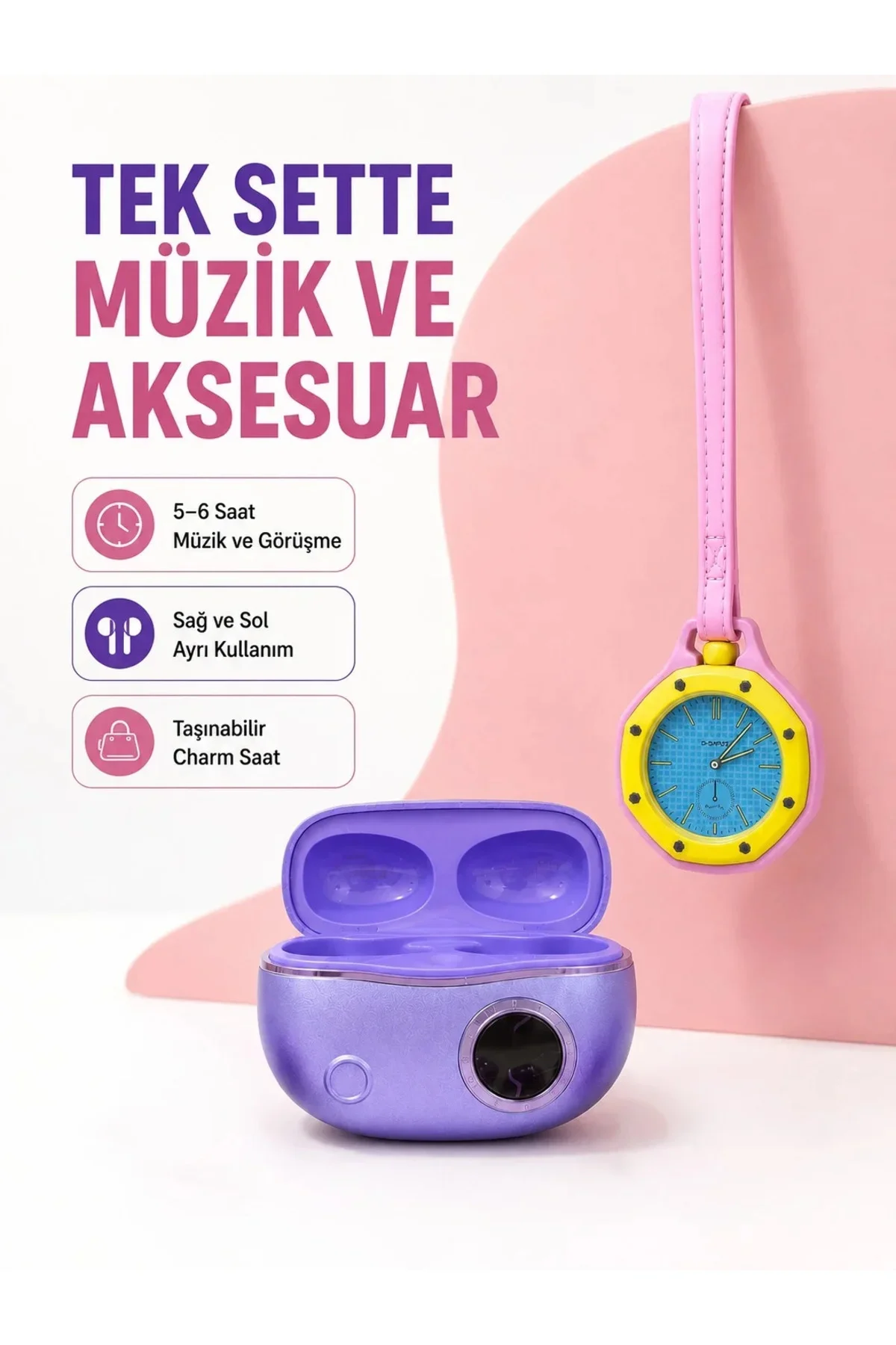 Kablosuz Kulaklık ve Pembe Çanta Charm Saat İkili Seti Şarj Kutulu Taşınabilir Tasarım Kablosuz Kulaklık ve Pembe Çanta Charm Saat İkili Seti Şarj Kutulu Taşınabilir Tasarım