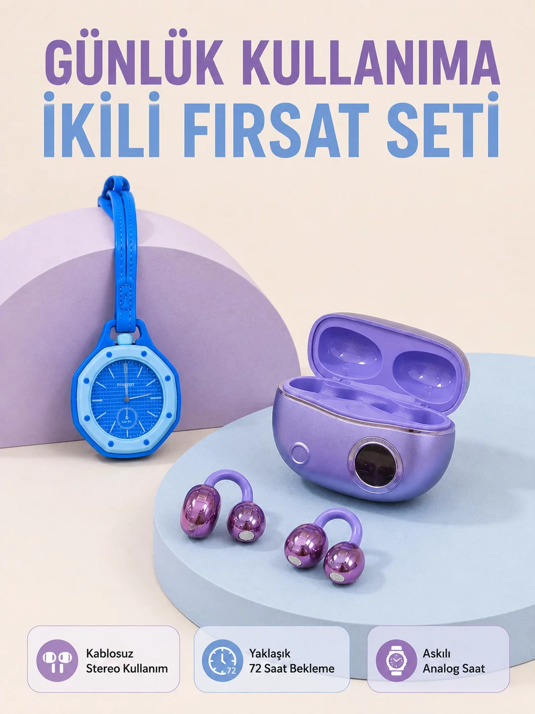 Kablosuz Kulaklık ve Mavi Çanta Charm Saat İkili Set Taşınabilir Günlük Kullanım Fiyatı, Yorumları ve Özellikleri