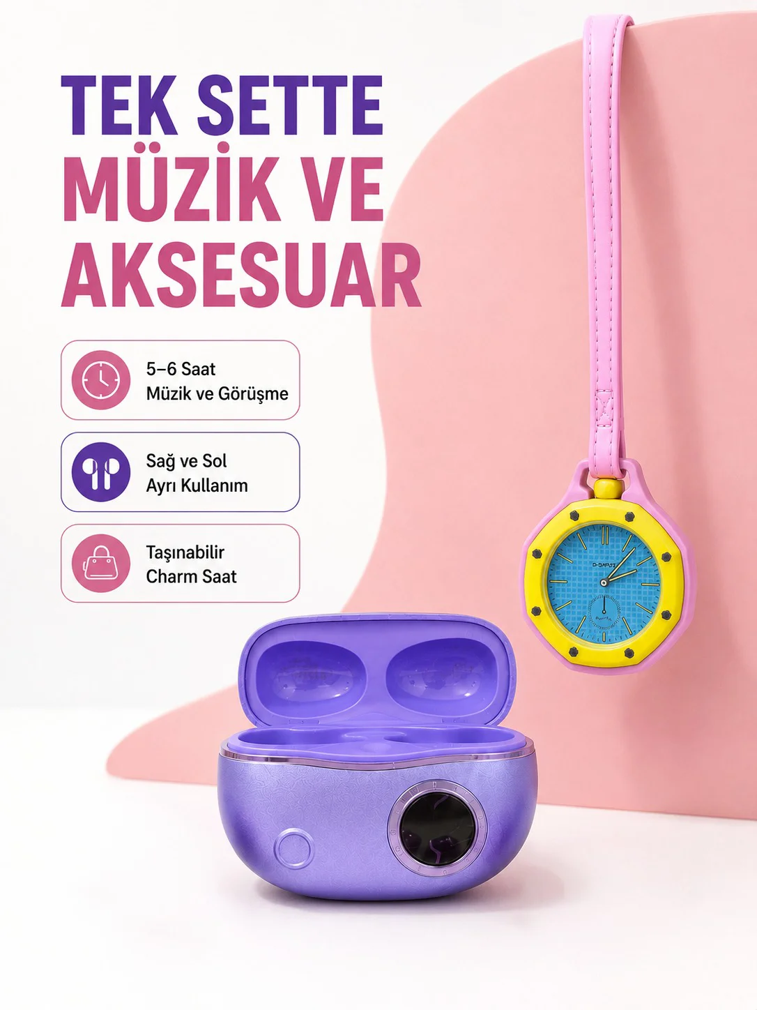 Kablosuz Kulaklık ve Pembe Çanta Charm Saat İkili Kampanya Seti Şarj Kutulu Taşınabilir Tasarım Fiyatı, Yorumları ve Özellikleri