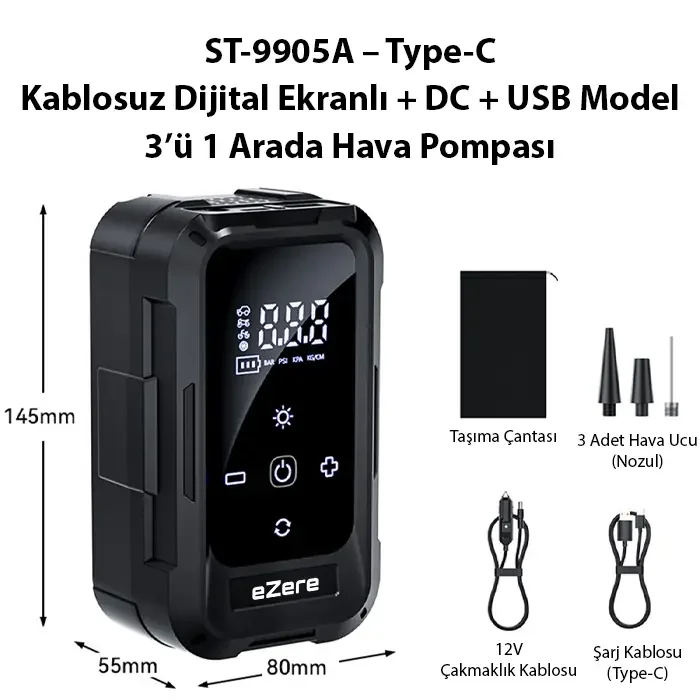 Kablosuz Lastik Hava Pompası - Elektrikli Taşınabilir 140 PSI Acil Durum Araç Pompası (3'lü Nozül)