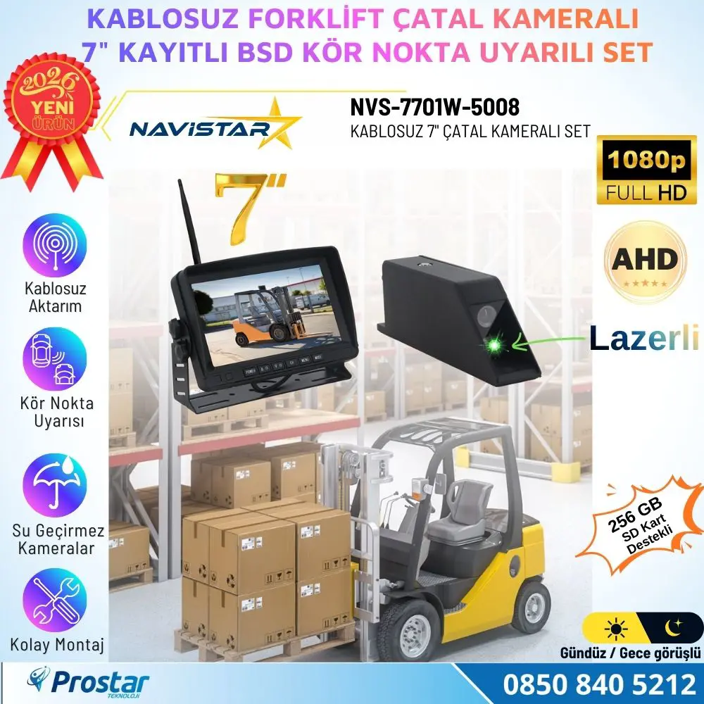 Kablosuz Lazerli Çatal Kameralı 7 inç Kayıtlı Forklift Kamera Sis