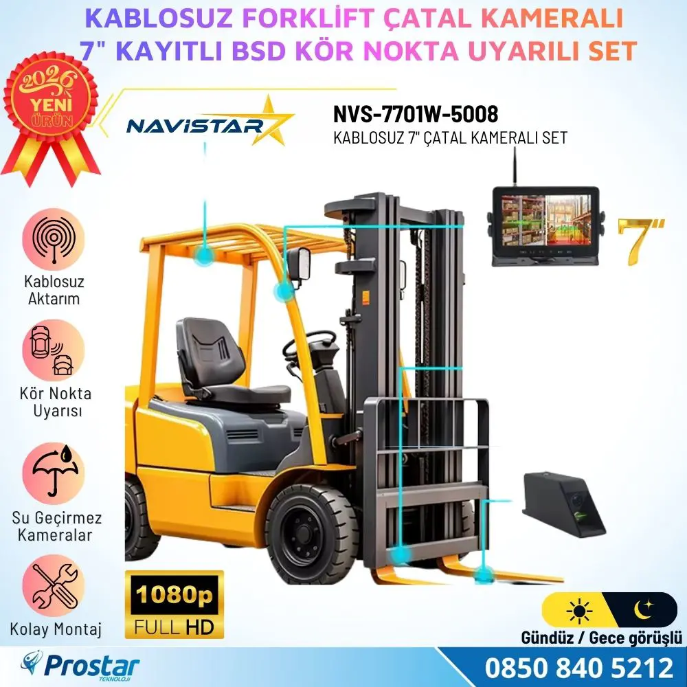 Kablosuz Lazerli Çatal Kameralı 7 inç Kayıtlı Forklift Kamera Sis