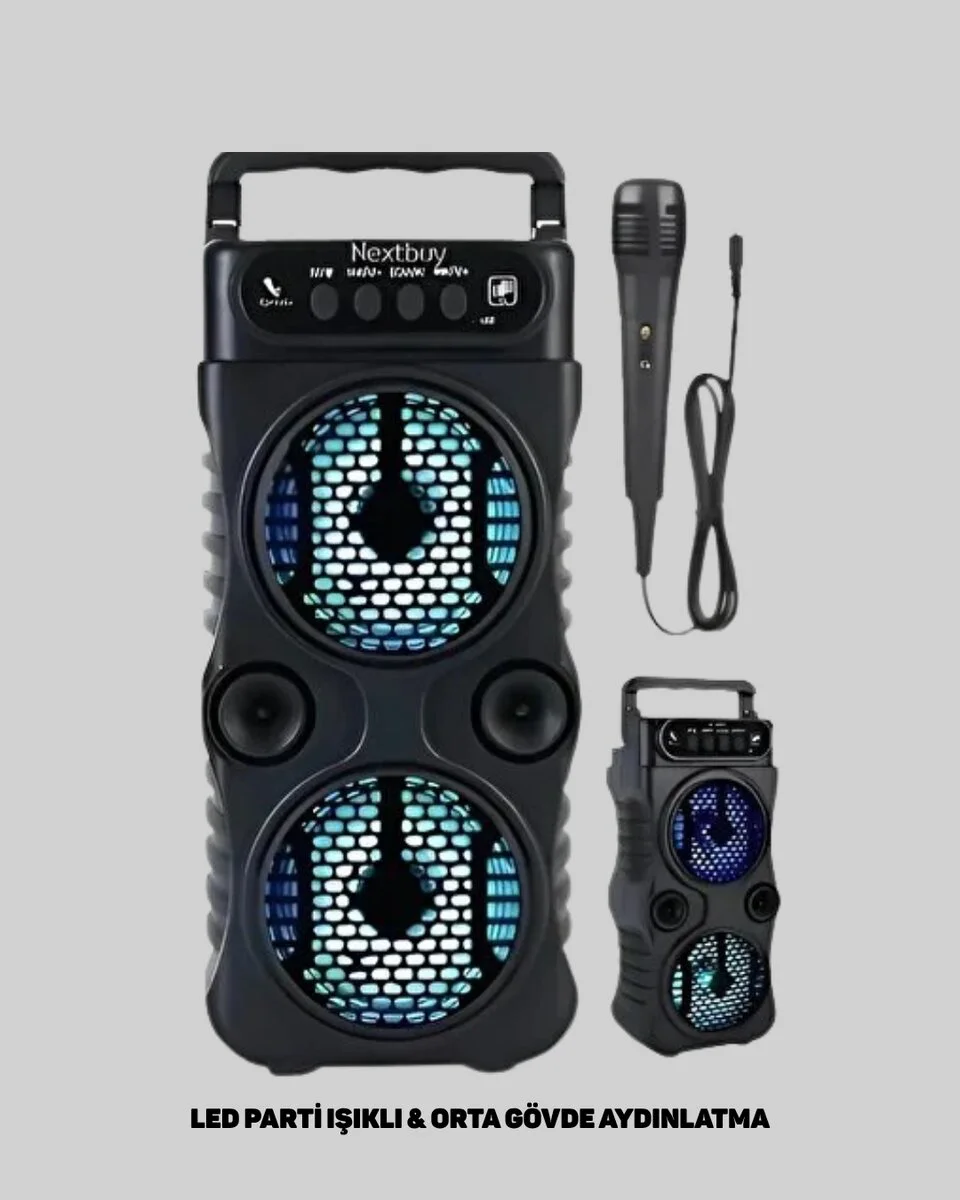 Kablosuz LED Işıklı Bluetooth Hoparlör FM Radyo ve Karaoke Mikrofon Girişli – 3 inç 1200 mAh