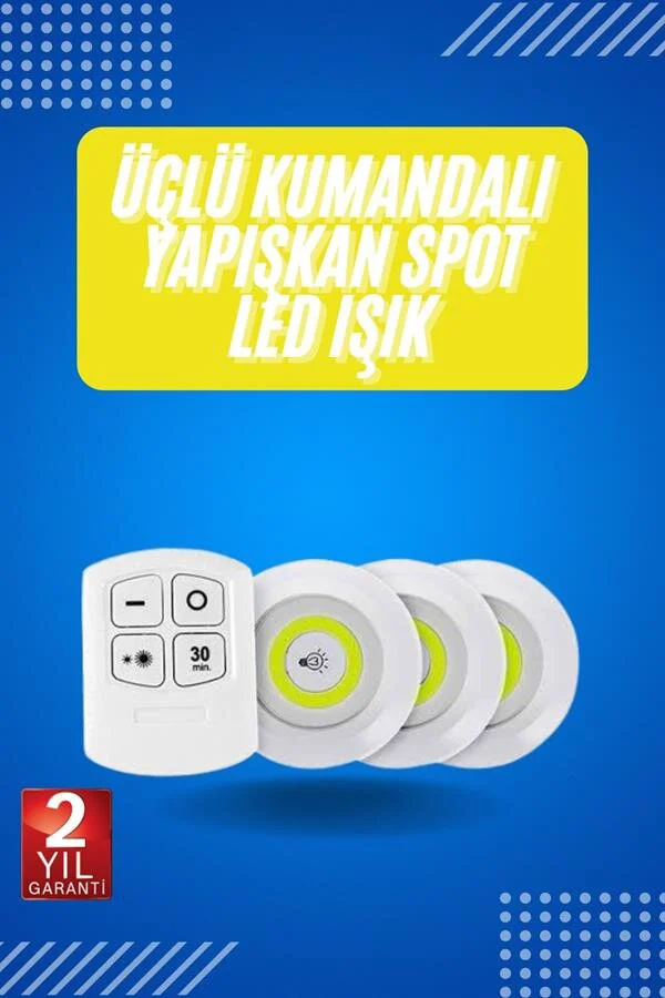 Kablosuz LED Spot Işık Seti 3'lü - Montajsız Kumandalı Ayarlanabilir Aydınlatma