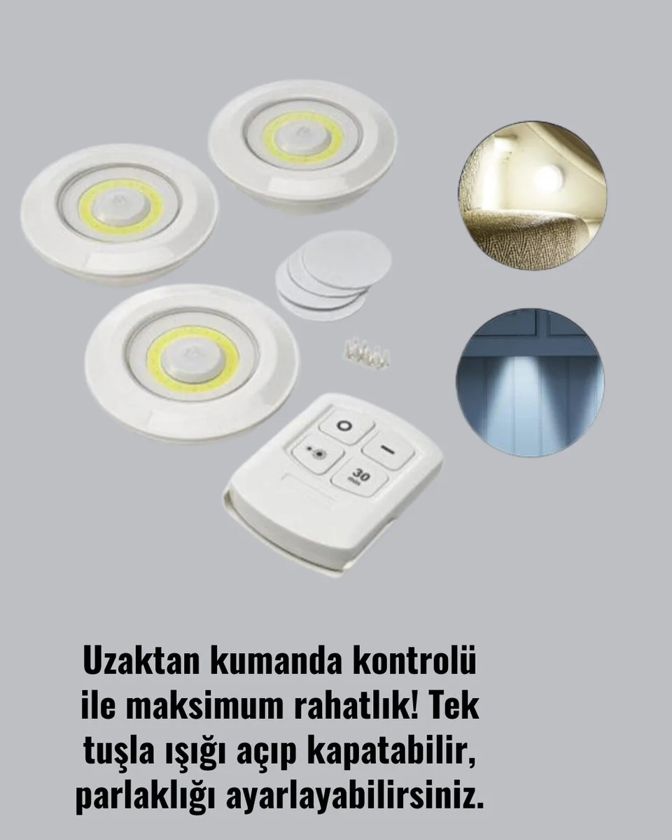 Kablosuz Led Spot Lamba Seti - Uzaktan Kumandalı 3'lü, Yapışkanlı ve Pratik