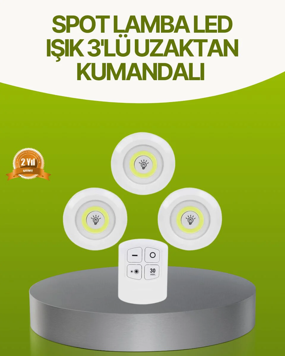 Kablosuz Led Spot Lamba Seti - Uzaktan Kumandalı 3'lü, Yapışkanlı ve Pratik