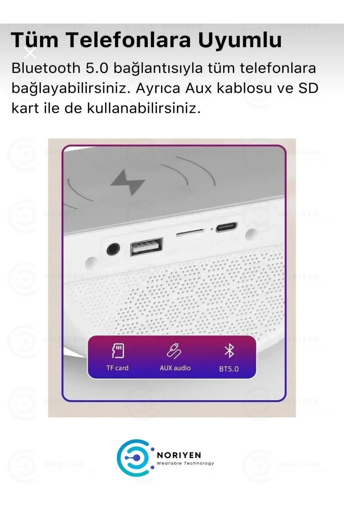 Kablosuz Masaüstü Hoparlör, Çalar Saat ve Radyo Alarm Özellikli Şarj Standı, Beyaz Renk