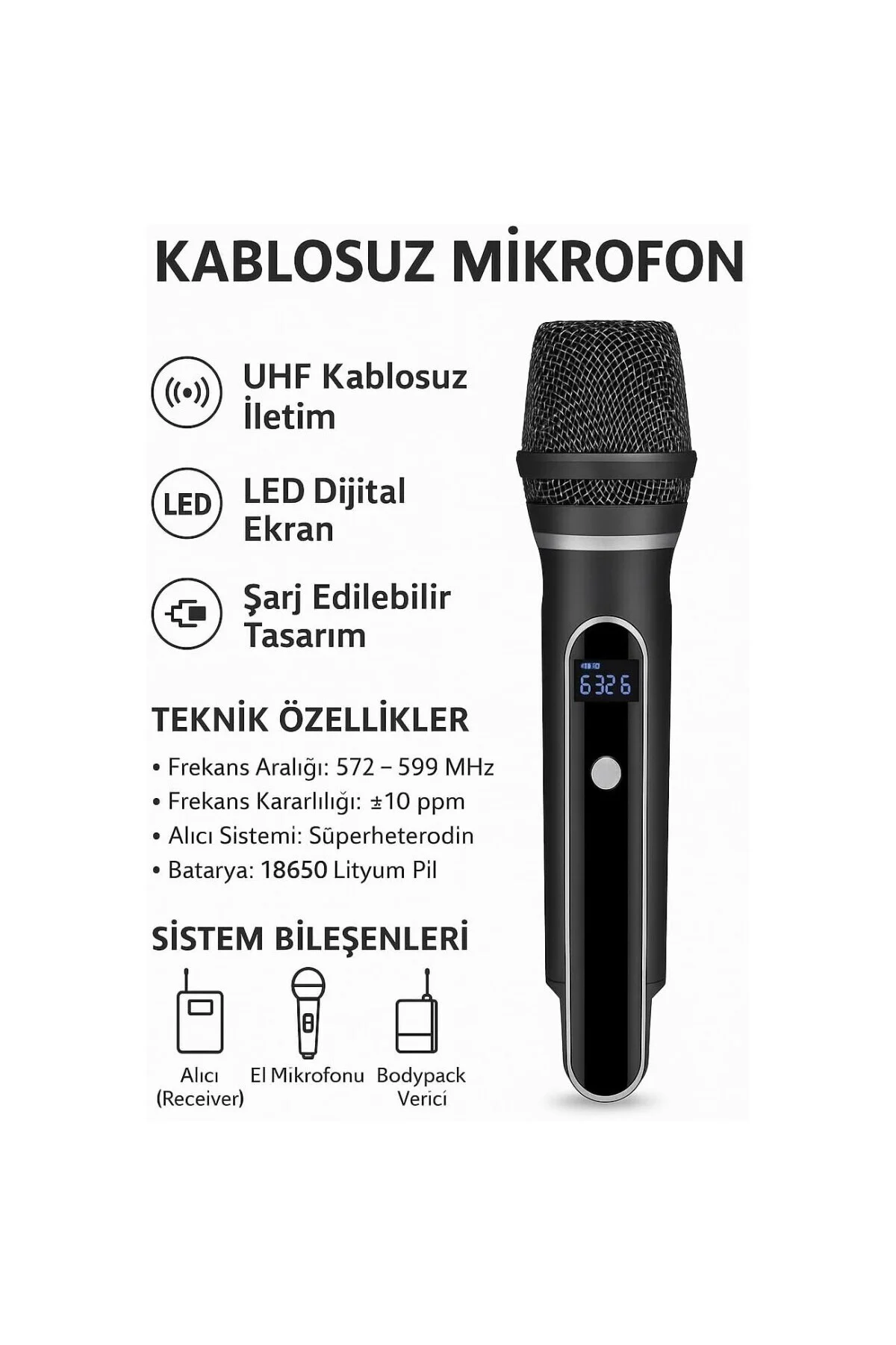 Kablosuz Mikrofon Seti – VHF 220–270 MHz Wireless El Mikrofonu ve
