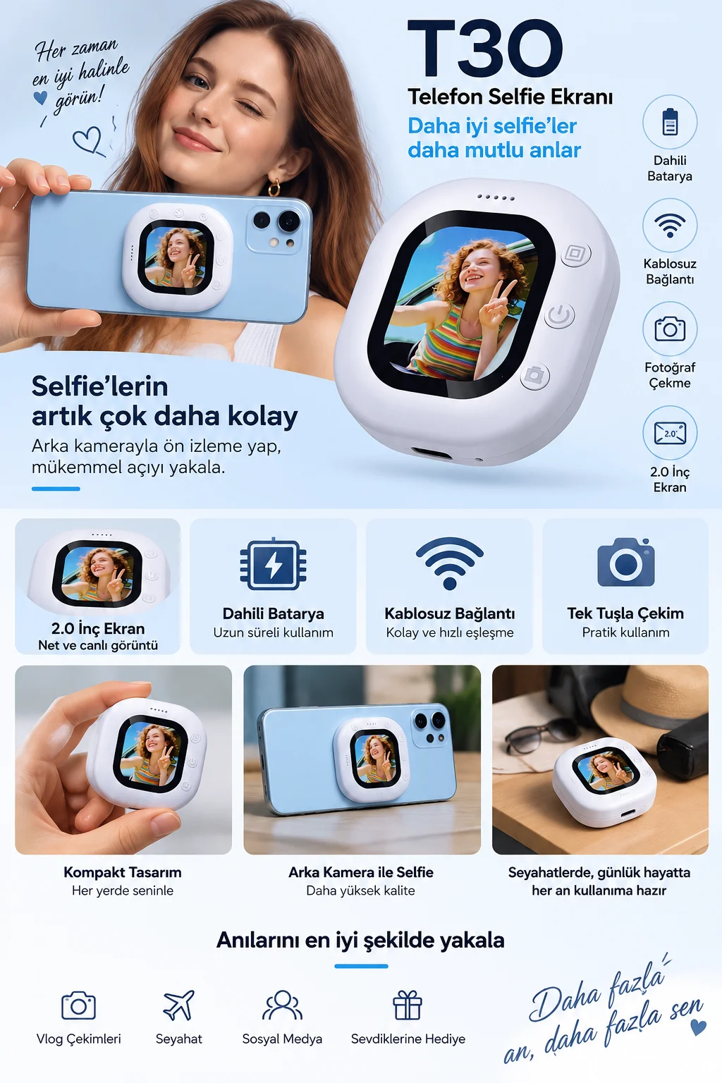 Kablosuz Mini Vlog Ekranı Tek Tuş Fotoğraf Çekimi Kablosuz Mini Vlog Ekranı Tek Tuş Fotoğraf Çekimi