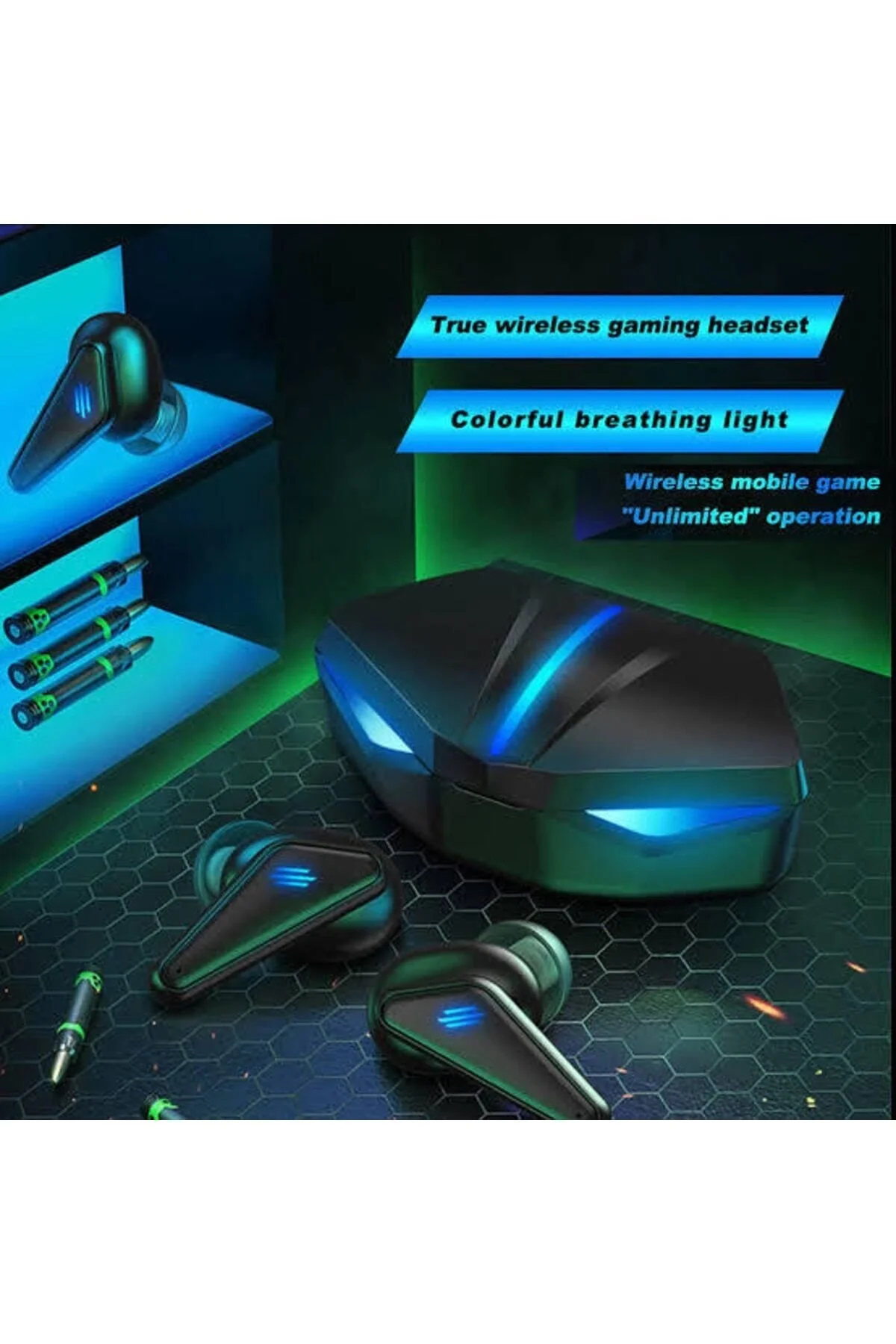 Kablosuz Oyuncu Kulaklığı, Kulak İçi Tasarım, Mikrofon ve RGB Aydınlatmalı, Siyah Renk
