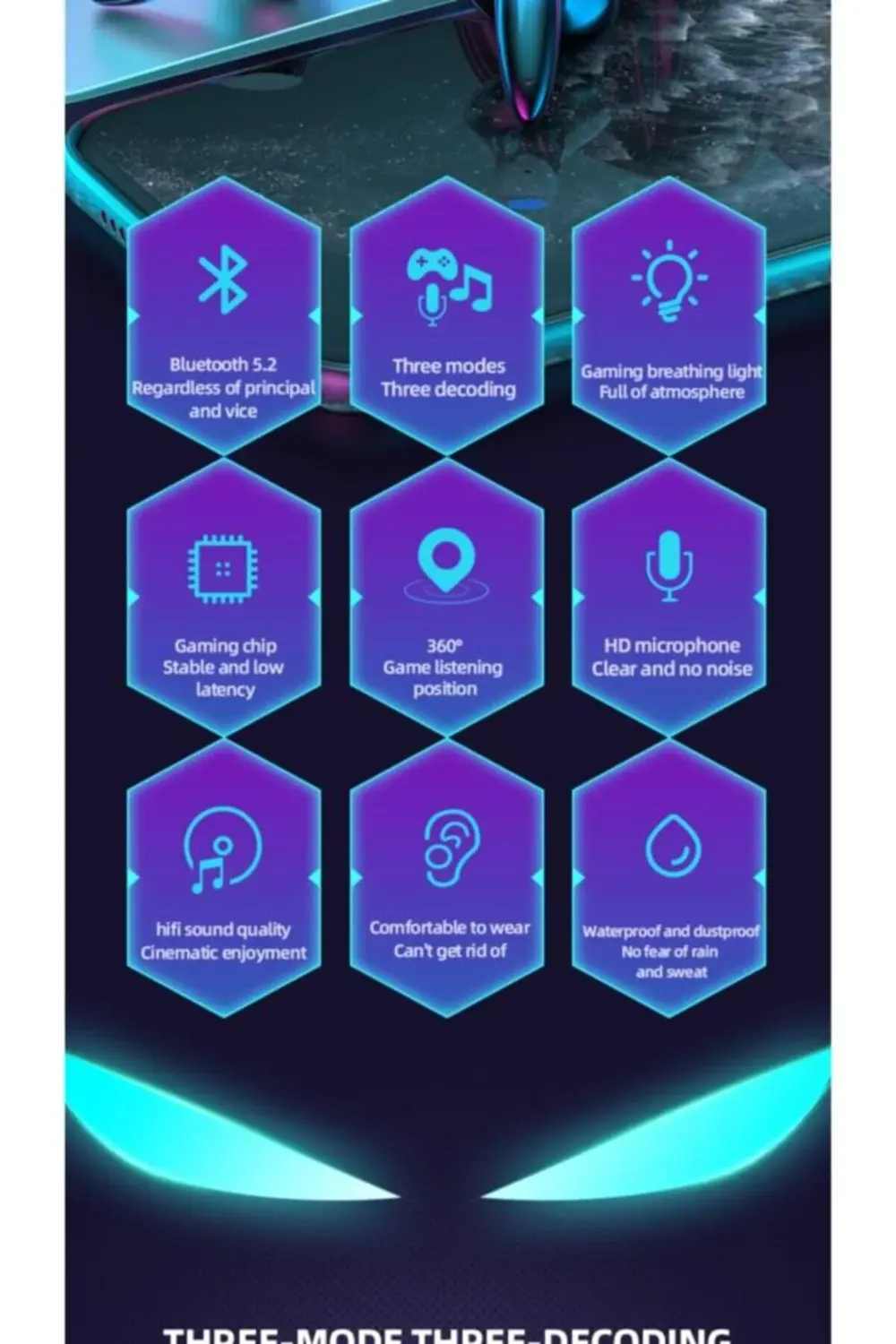 Kablosuz Oyuncu Kulaklığı Rgb Işıklı Çift Mikrofonlu 3 Modlu Blue