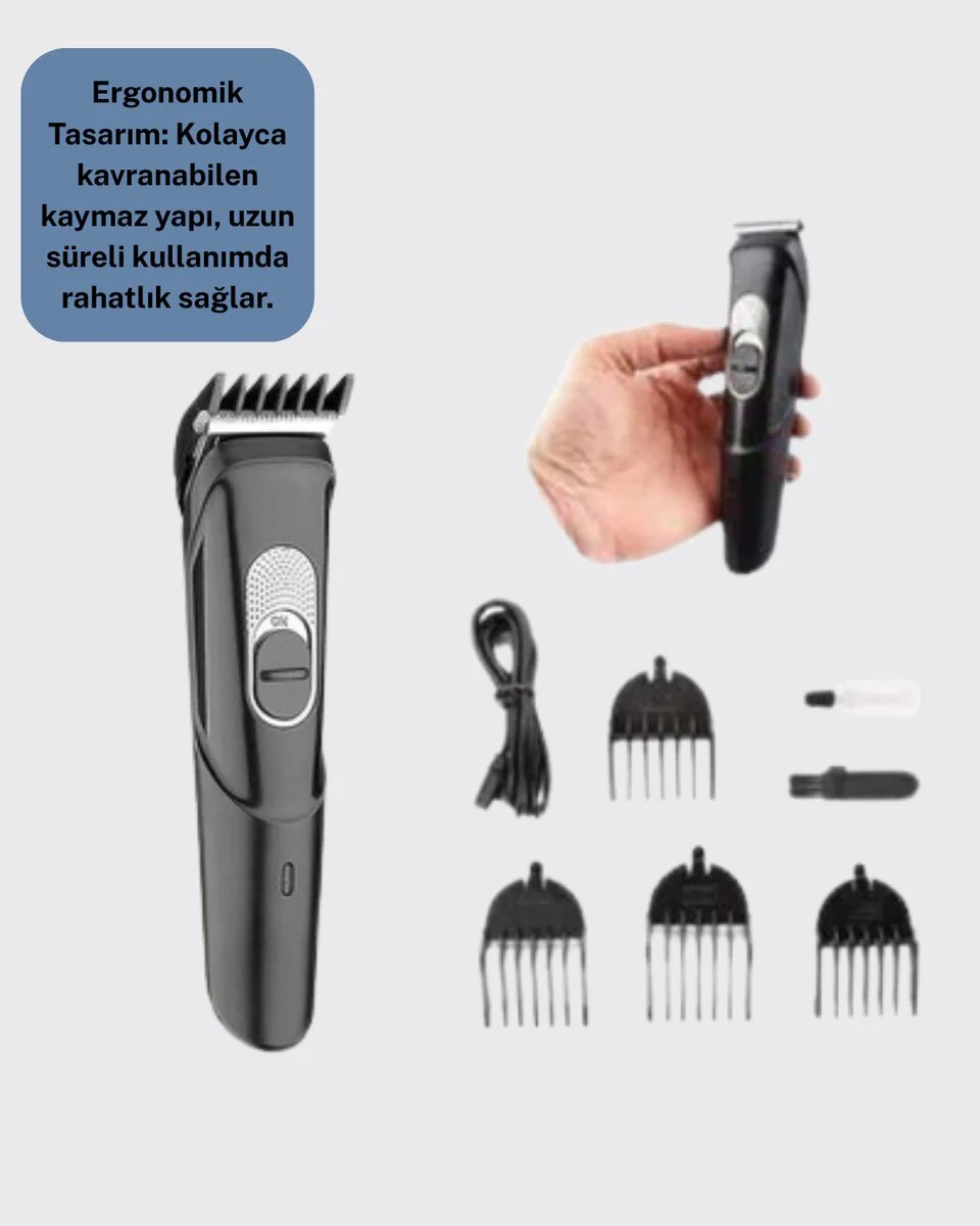 Kablosuz Paslanmaz Çelik Bıçaklı Profesyonel Saç ve Sakal Tıraş Makinesi – Sessiz Güçlü ve Ergonomik
