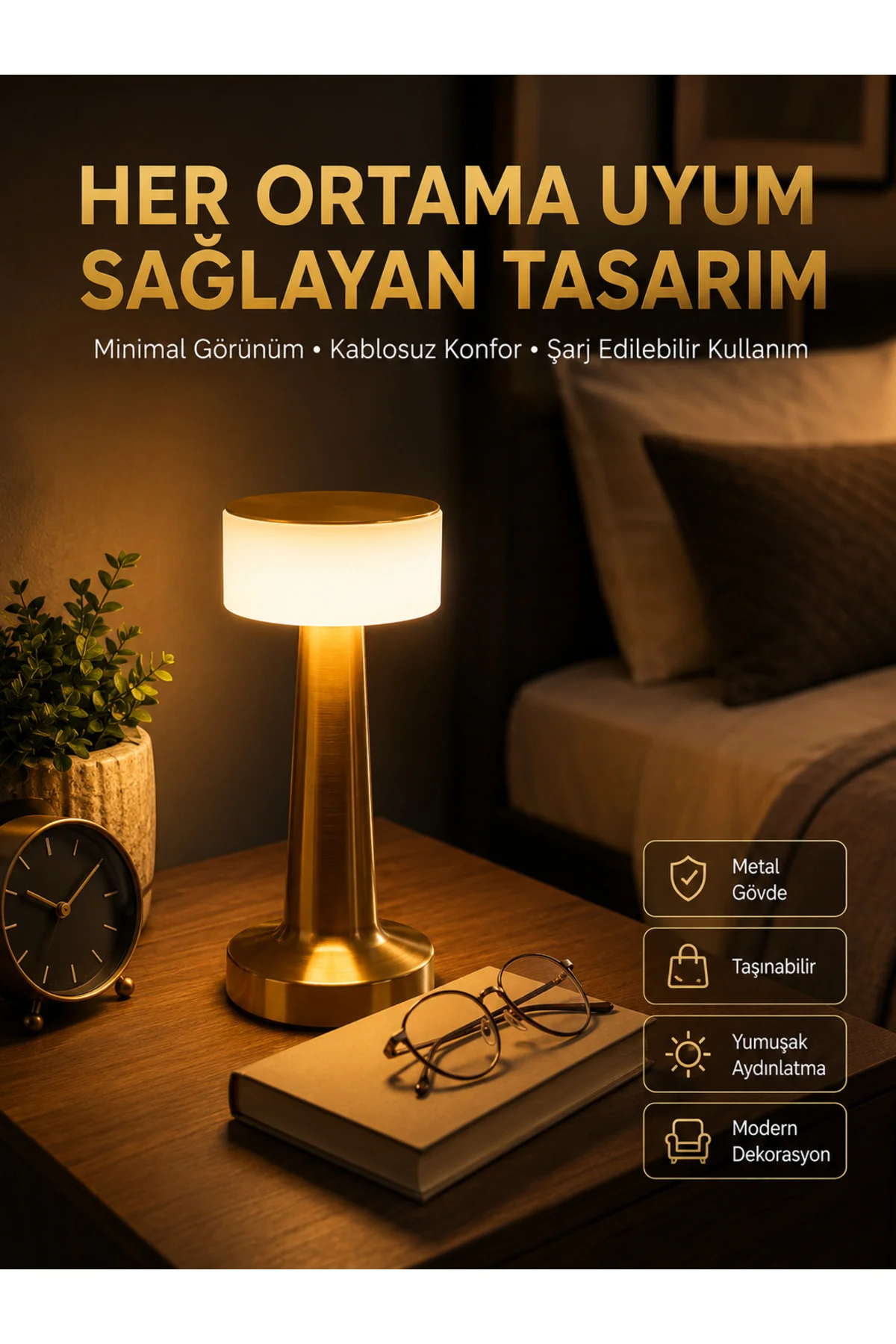 Kablosuz Renkli Masa ve Gece Lambası Altın Rengi Dokunmatik Led Lamba