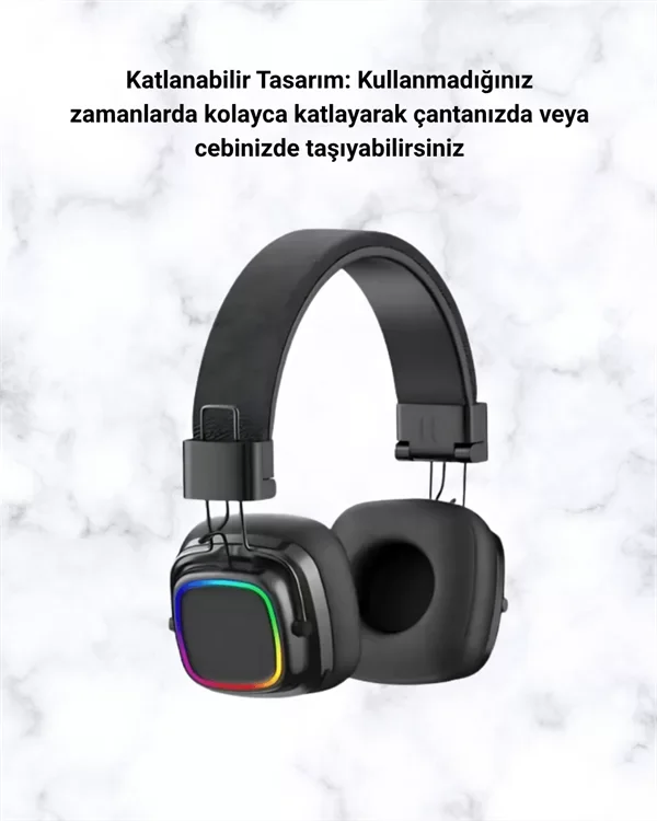 Kablosuz RGB Işıklı Katlanabilir Bluetooth Kulak Üstü Kulaklık - Lisinya