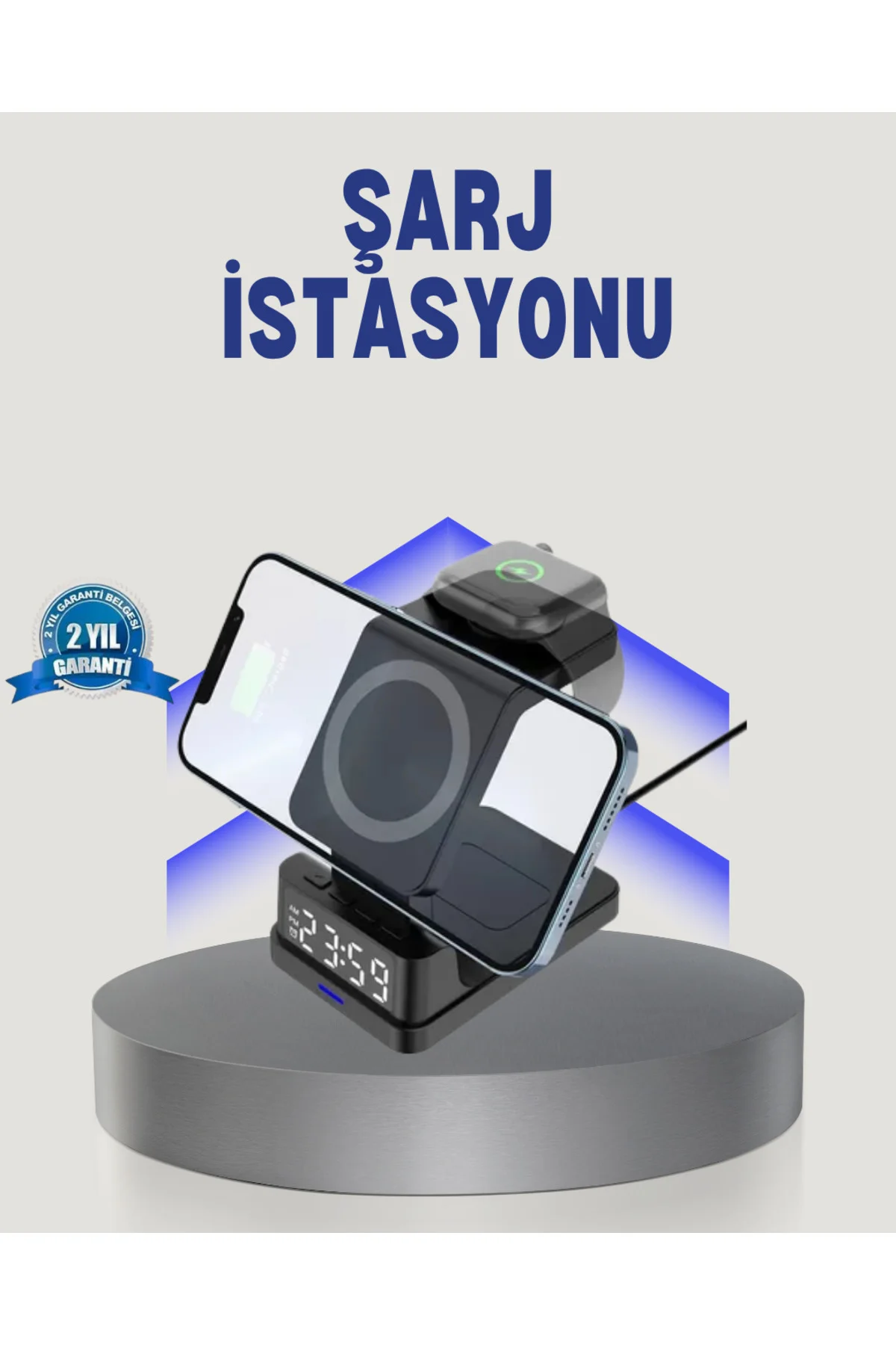 Kablosuz Şarj Cihazı ve Dijital Saat – 4’ü 1 Arada Hızlı Şarj, Ap