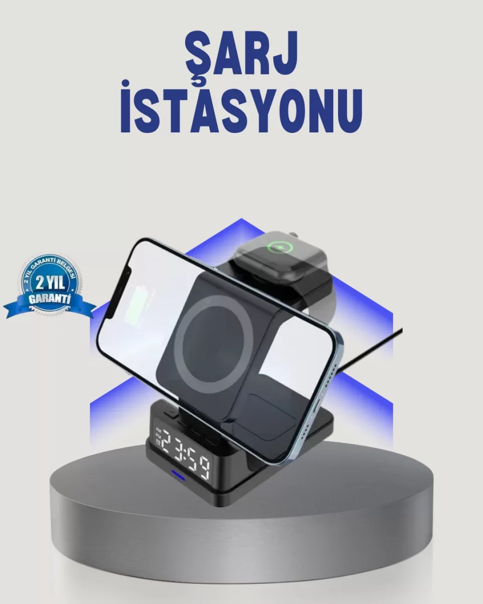 Kablosuz Şarj Cihazı ve Dijital Saat – 4’ü 1 Arada Hızlı Şarj, Apple Uyumlu, LED Işıklı Tasarım - Lisinya