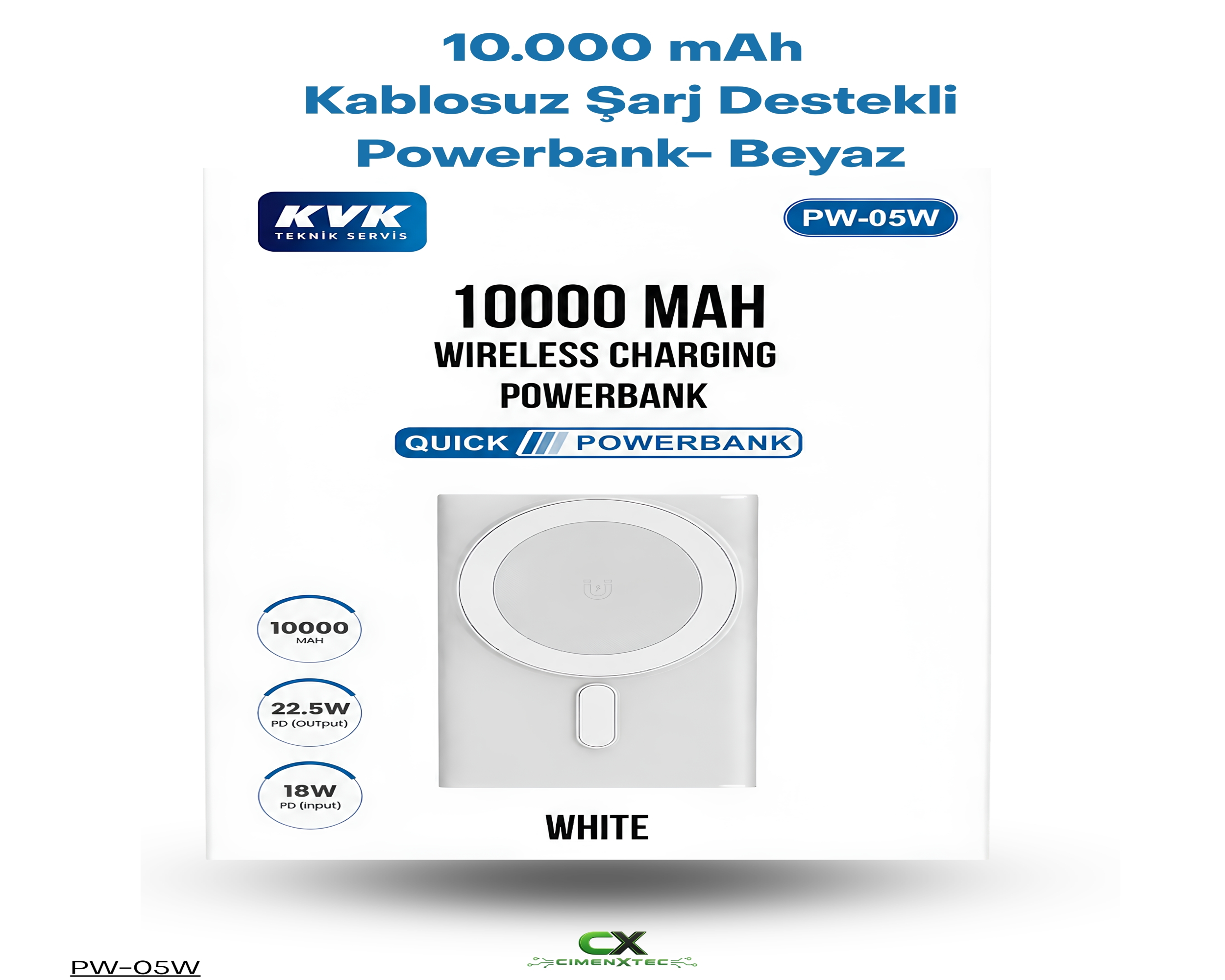 Kablosuz Şarj Destekli Powerbank 10.000 mAh 22,5W  Beyaz - PW-05W