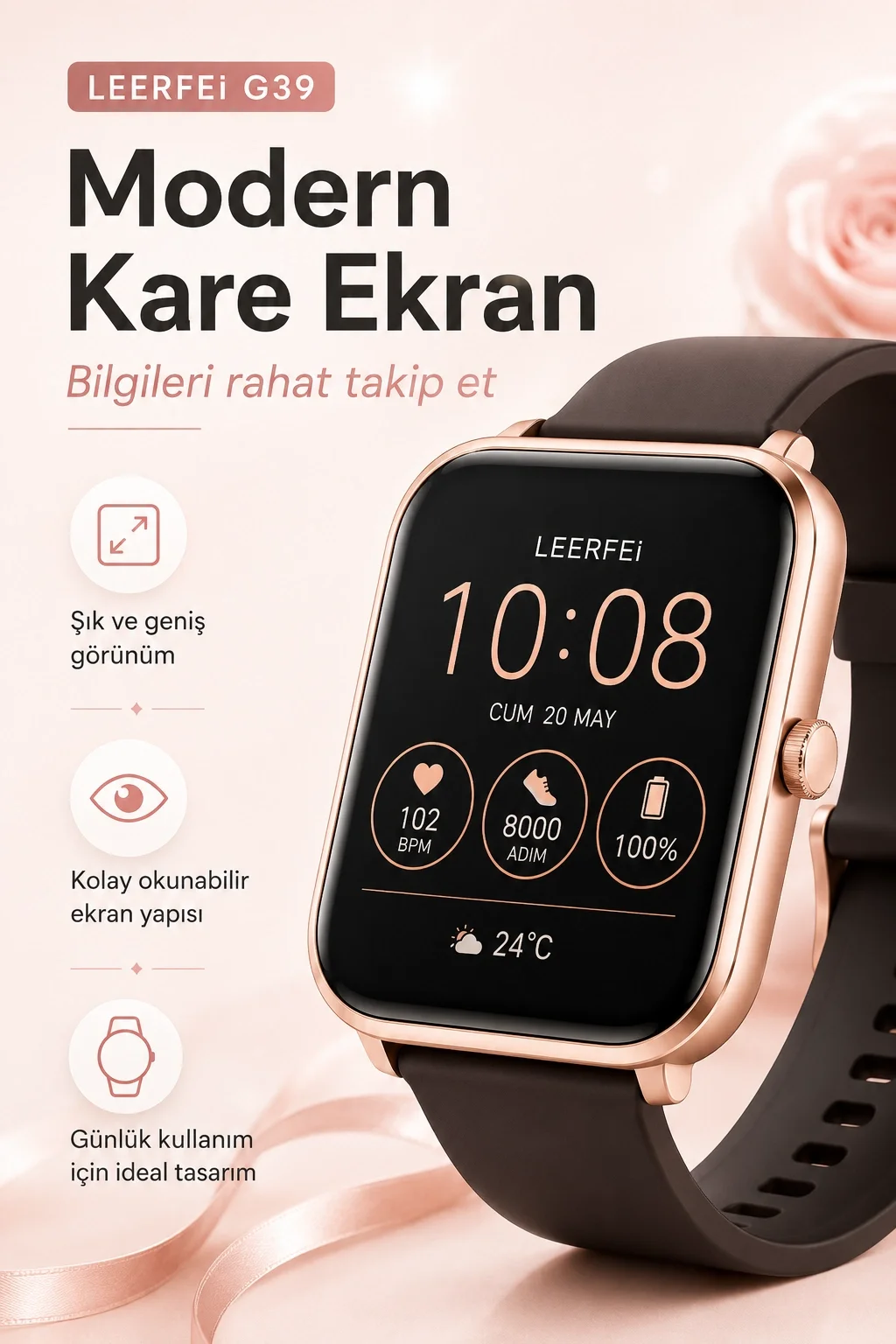 Kablosuz Şarj Destekli Rose Gold Akıllı Saat Dokunmatik Ekranlı Spor Takipli Model