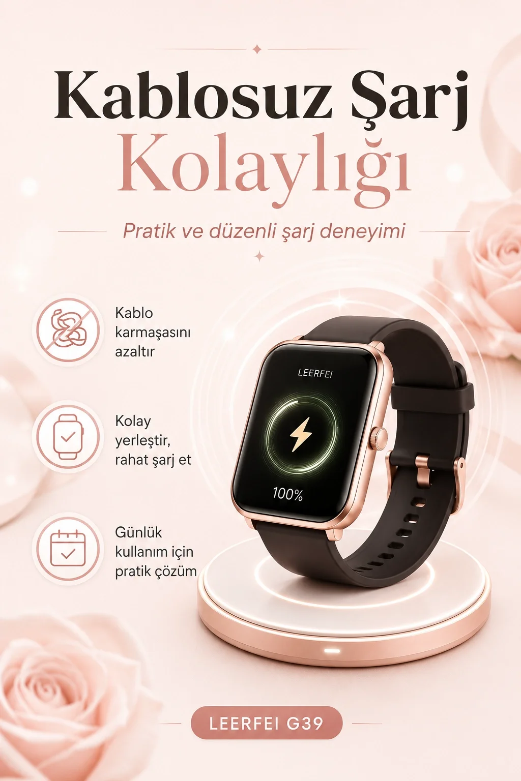 Kablosuz Şarj Destekli Rose Gold Akıllı Saat Dokunmatik Ekranlı Spor Takipli Model